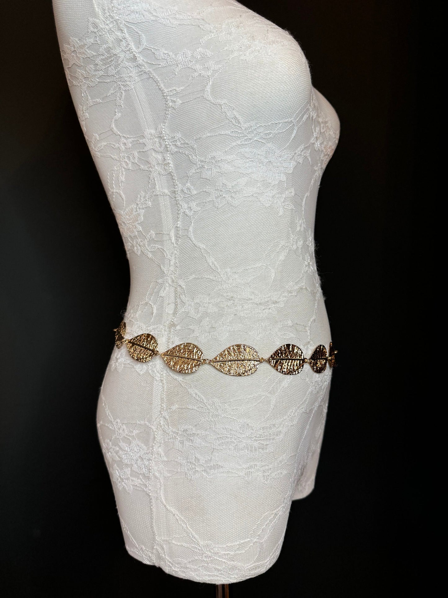 X-Long Leaf Chain Belt, Metal Leaf Design, Swimwear, Dresses, FAN Design, Belt, Dress Belt, Gift, Silver, Gold, Bridal