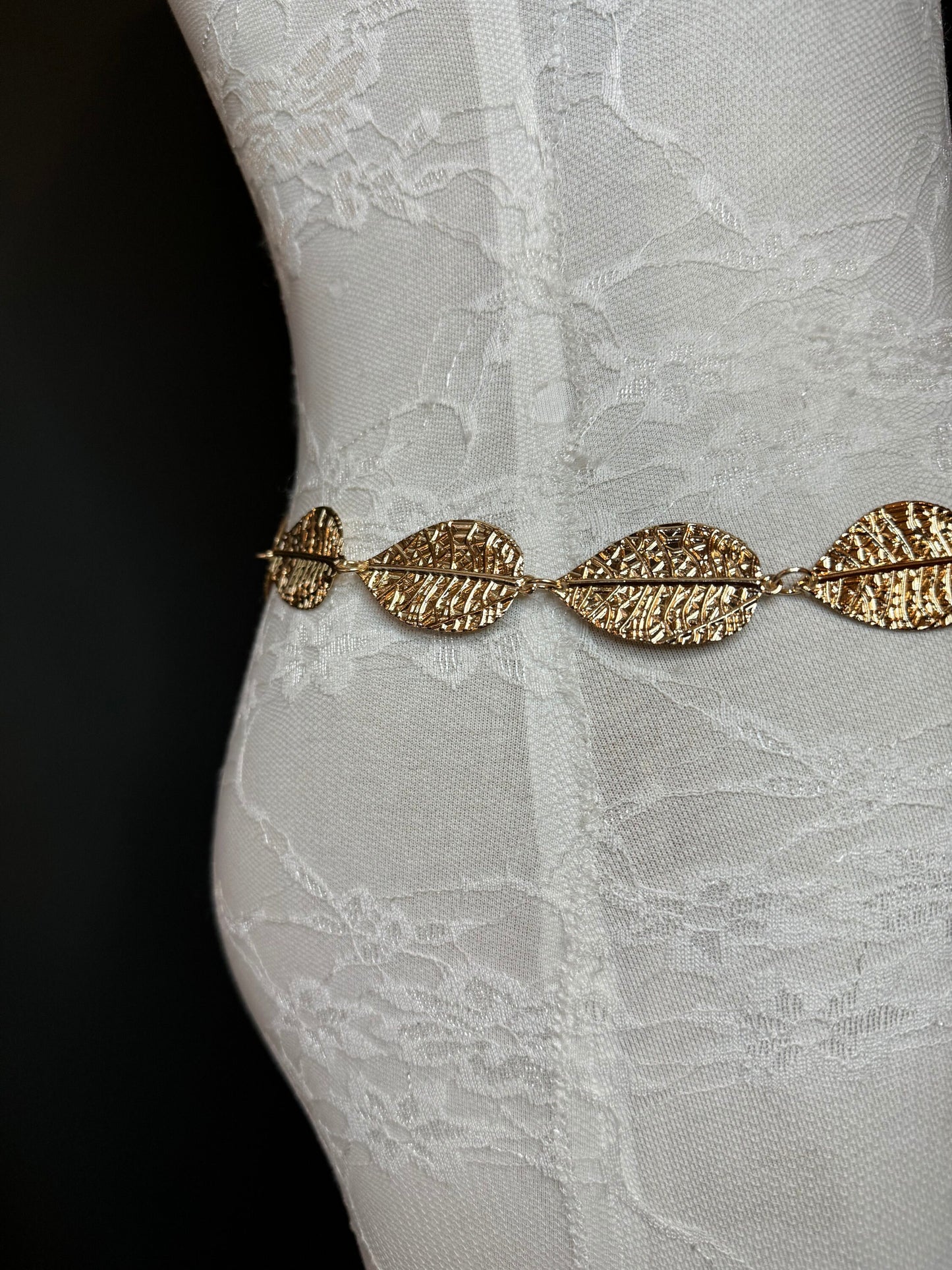 X-Long Leaf Chain Belt, Metal Leaf Design, Swimwear, Dresses, FAN Design, Belt, Dress Belt, Gift, Silver, Gold, Bridal