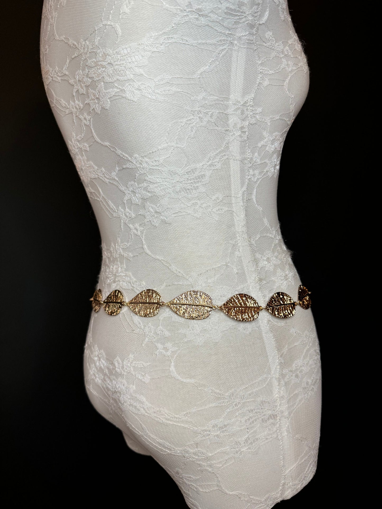 X-Long Leaf Chain Belt, Metal Leaf Design, Swimwear, Dresses, FAN Design, Belt, Dress Belt, Gift, Silver, Gold, Bridal