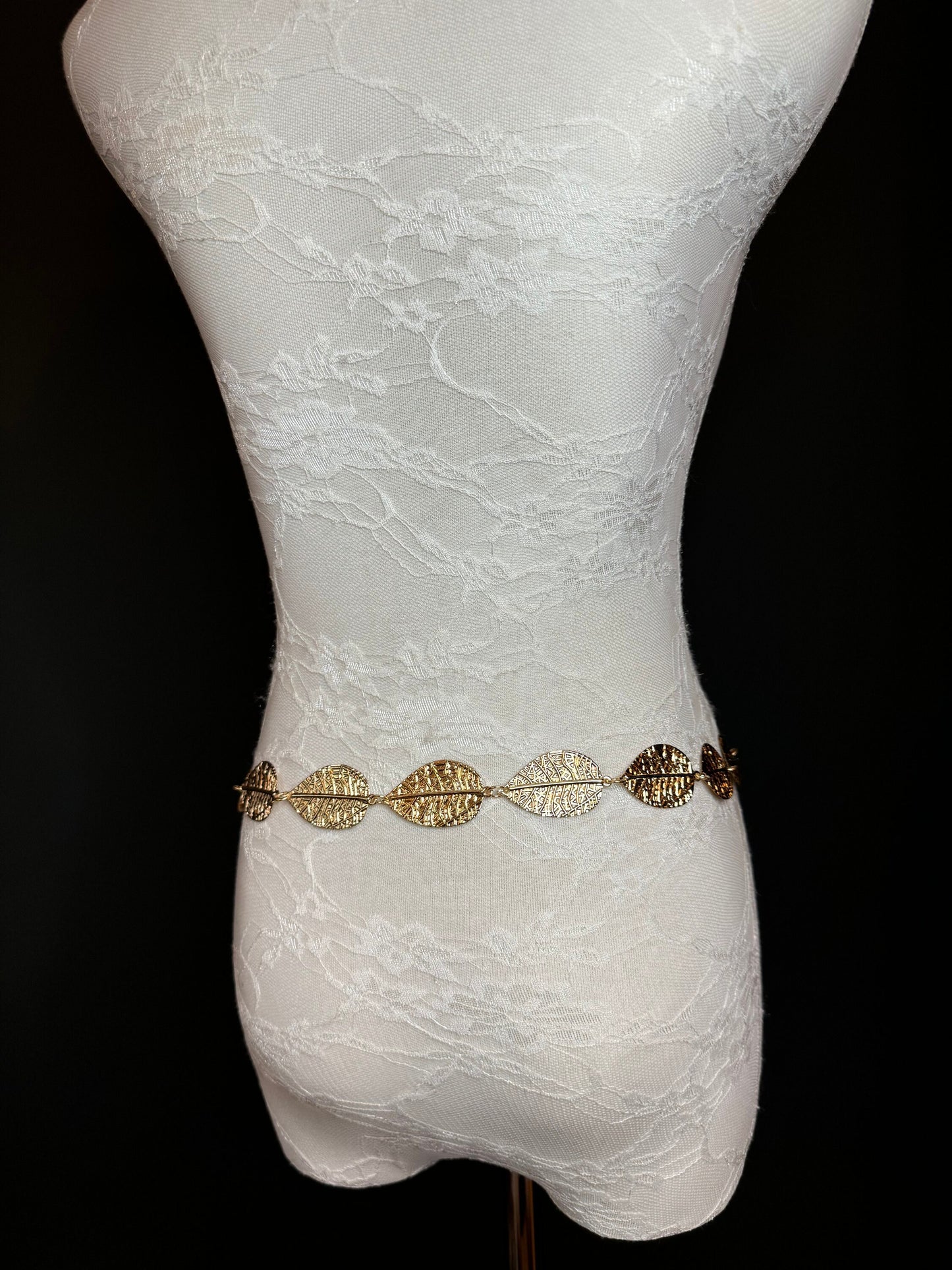 X-Long Leaf Chain Belt, Metal Leaf Design, Swimwear, Dresses, FAN Design, Belt, Dress Belt, Gift, Silver, Gold, Bridal