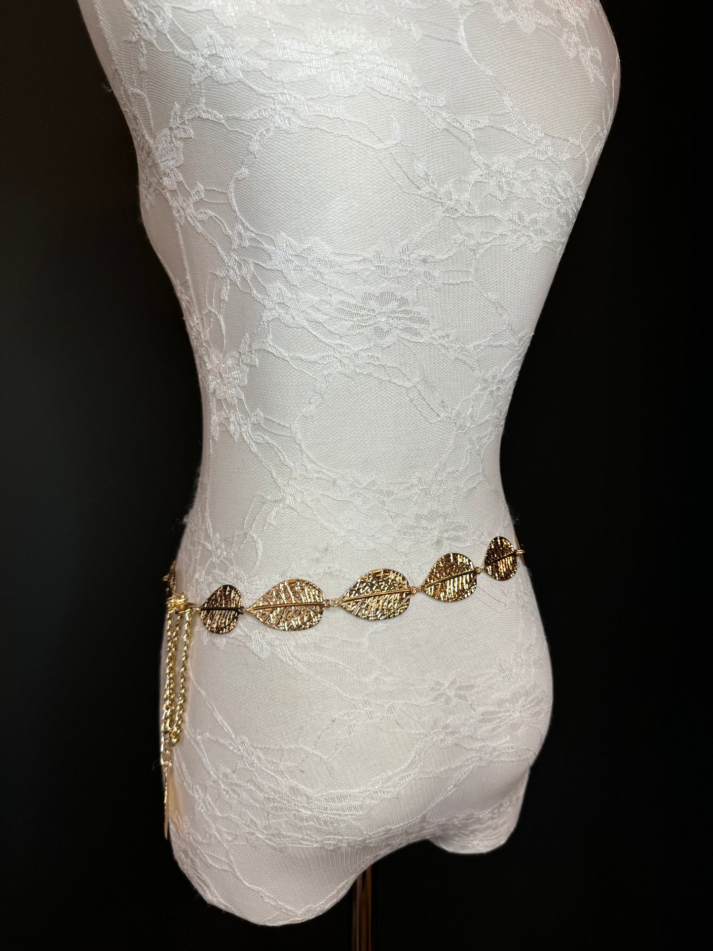 X-Long Leaf Chain Belt, Metal Leaf Design, Swimwear, Dresses, FAN Design, Belt, Dress Belt, Gift, Silver, Gold, Bridal