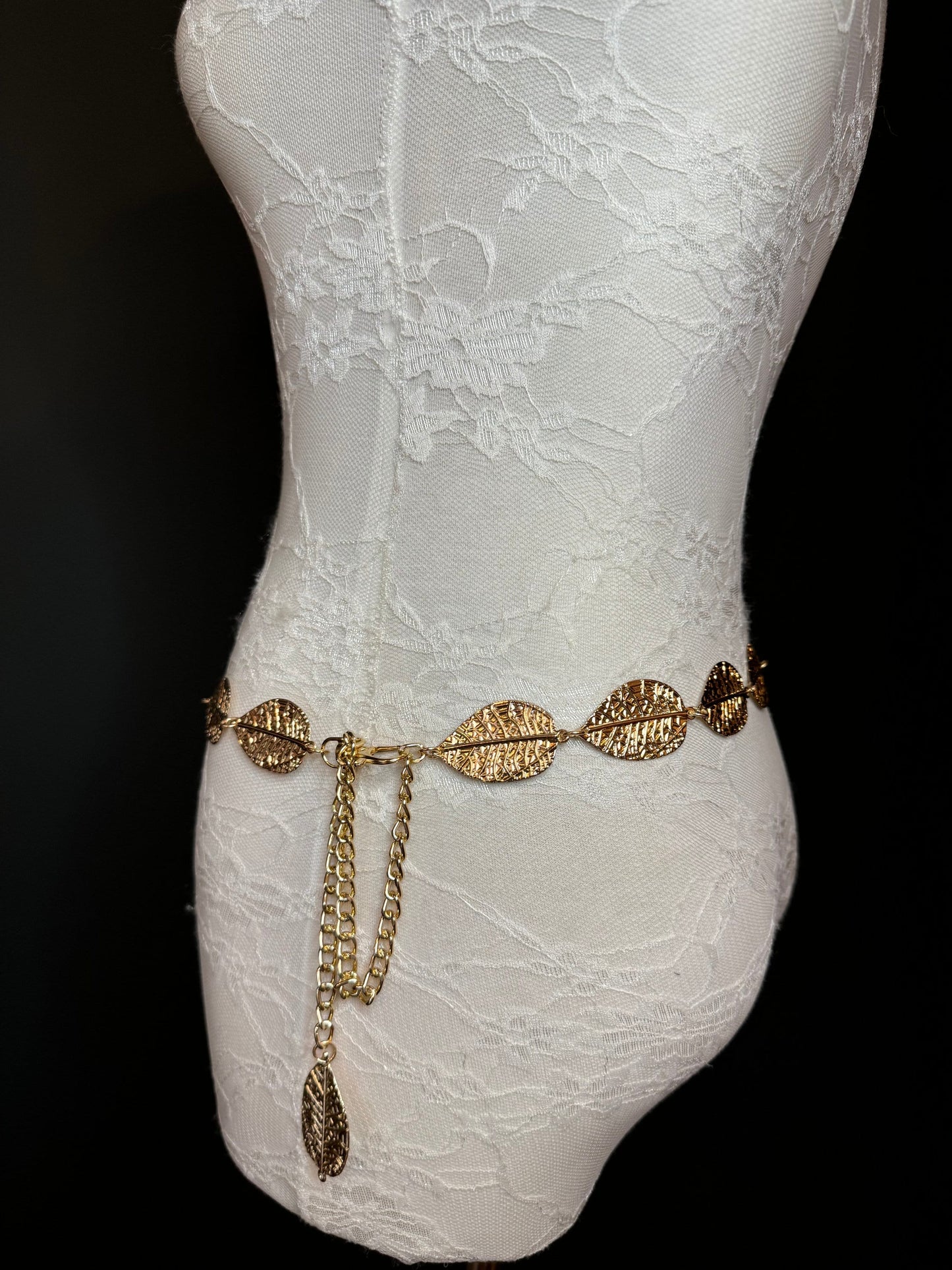 X-Long Leaf Chain Belt, Metal Leaf Design, Swimwear, Dresses, FAN Design, Belt, Dress Belt, Gift, Silver, Gold, Bridal