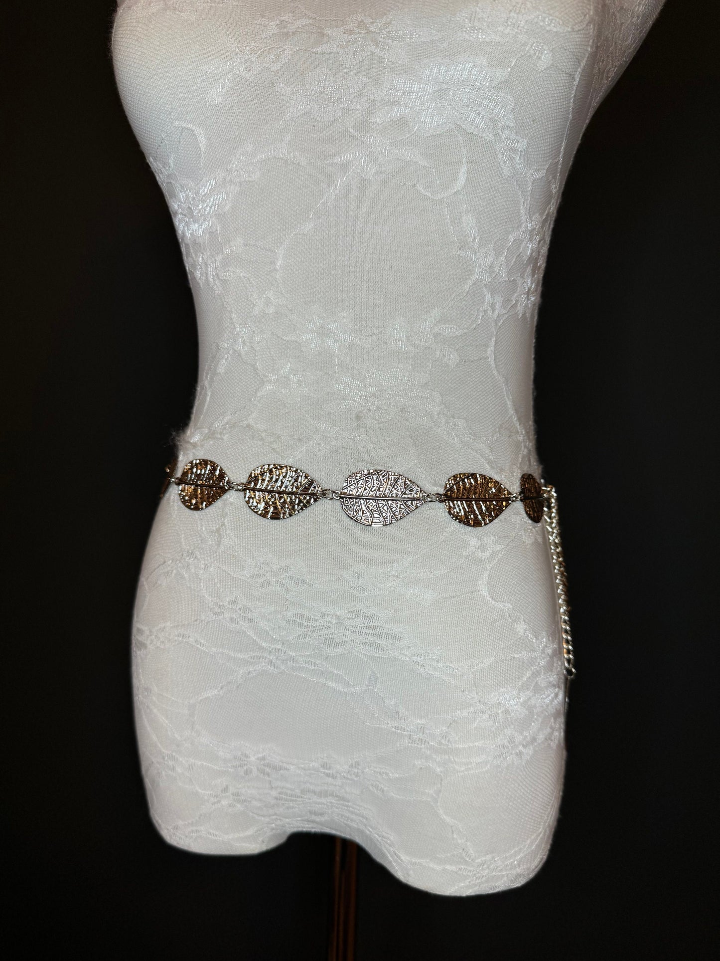 X-Long Leaf Chain Belt, Metal Leaf Design, Swimwear, Dresses, FAN Design, Belt, Dress Belt, Gift, Silver, Gold, Bridal