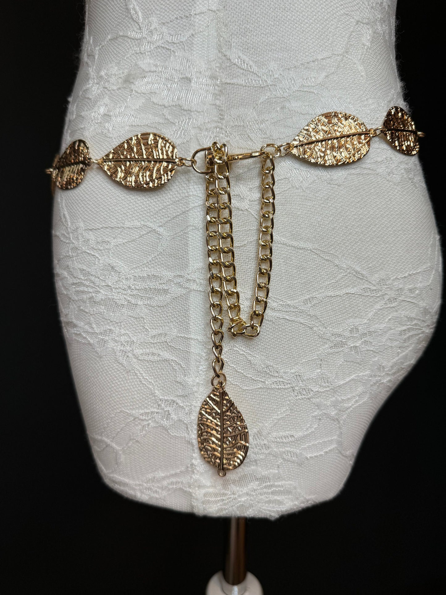 X-Long Leaf Chain Belt, Metal Leaf Design, Swimwear, Dresses, FAN Design, Belt, Dress Belt, Gift, Silver, Gold, Bridal