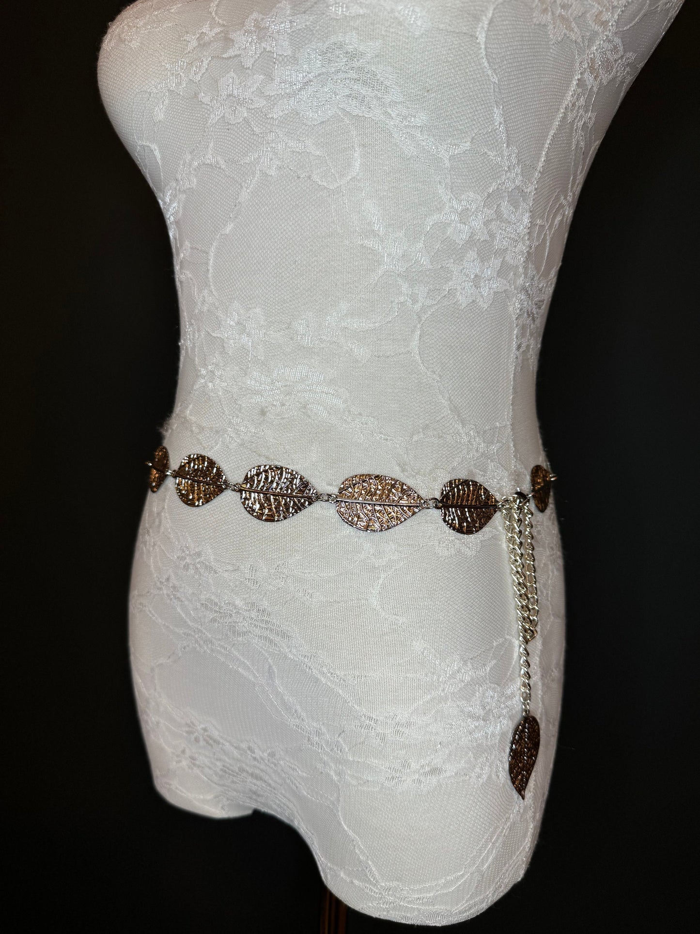 X-Long Leaf Chain Belt, Metal Leaf Design, Swimwear, Dresses, FAN Design, Belt, Dress Belt, Gift, Silver, Gold, Bridal