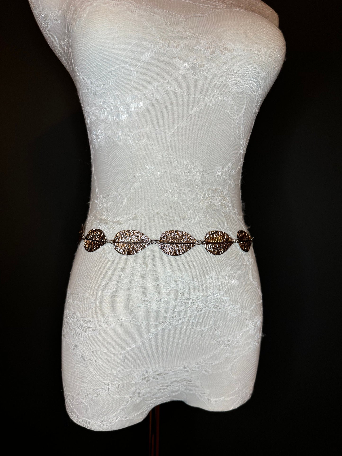 X-Long Leaf Chain Belt, Metal Leaf Design, Swimwear, Dresses, FAN Design, Belt, Dress Belt, Gift, Silver, Gold, Bridal