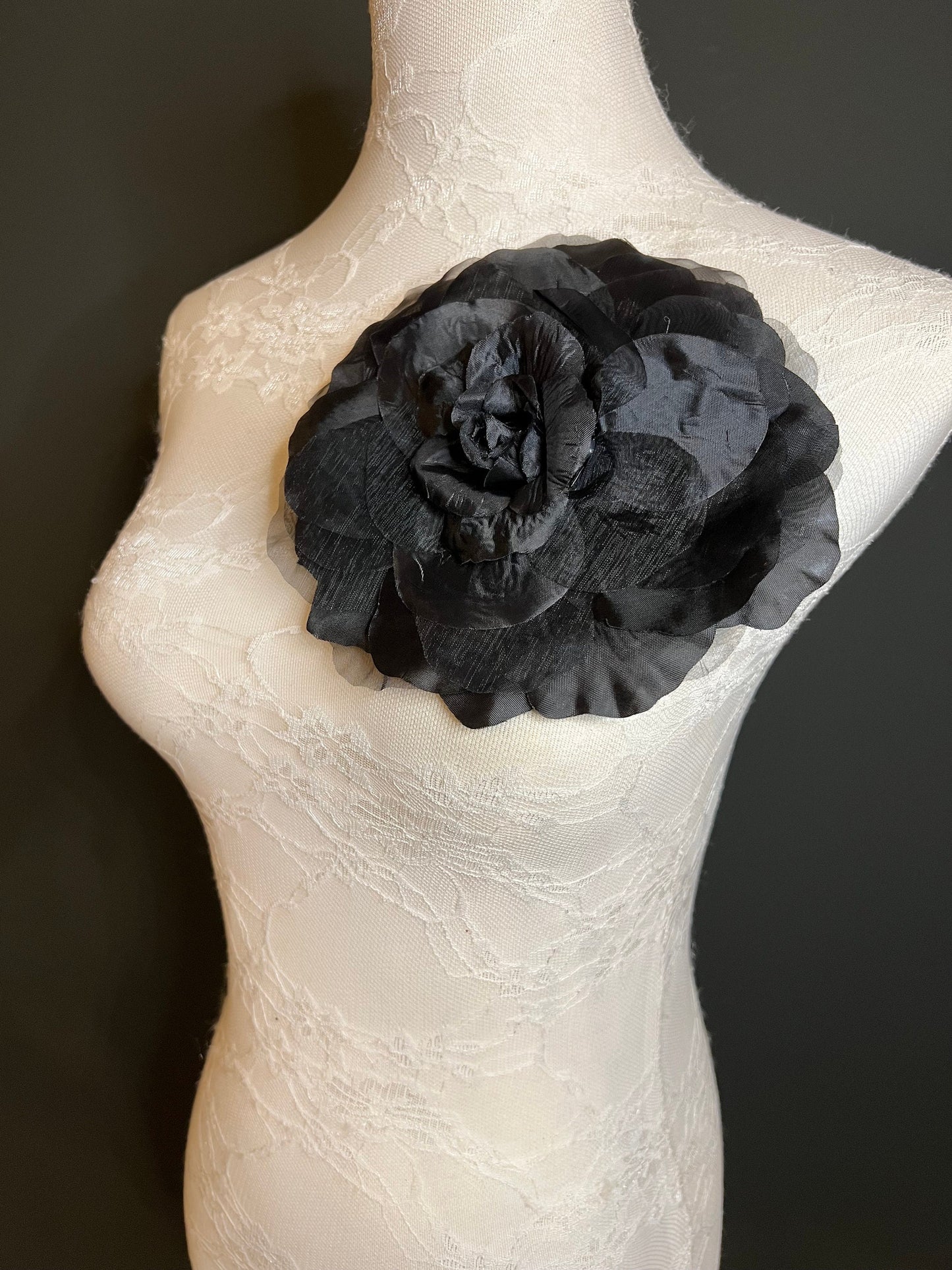 Large Black Corsage Flower Pin, 7”