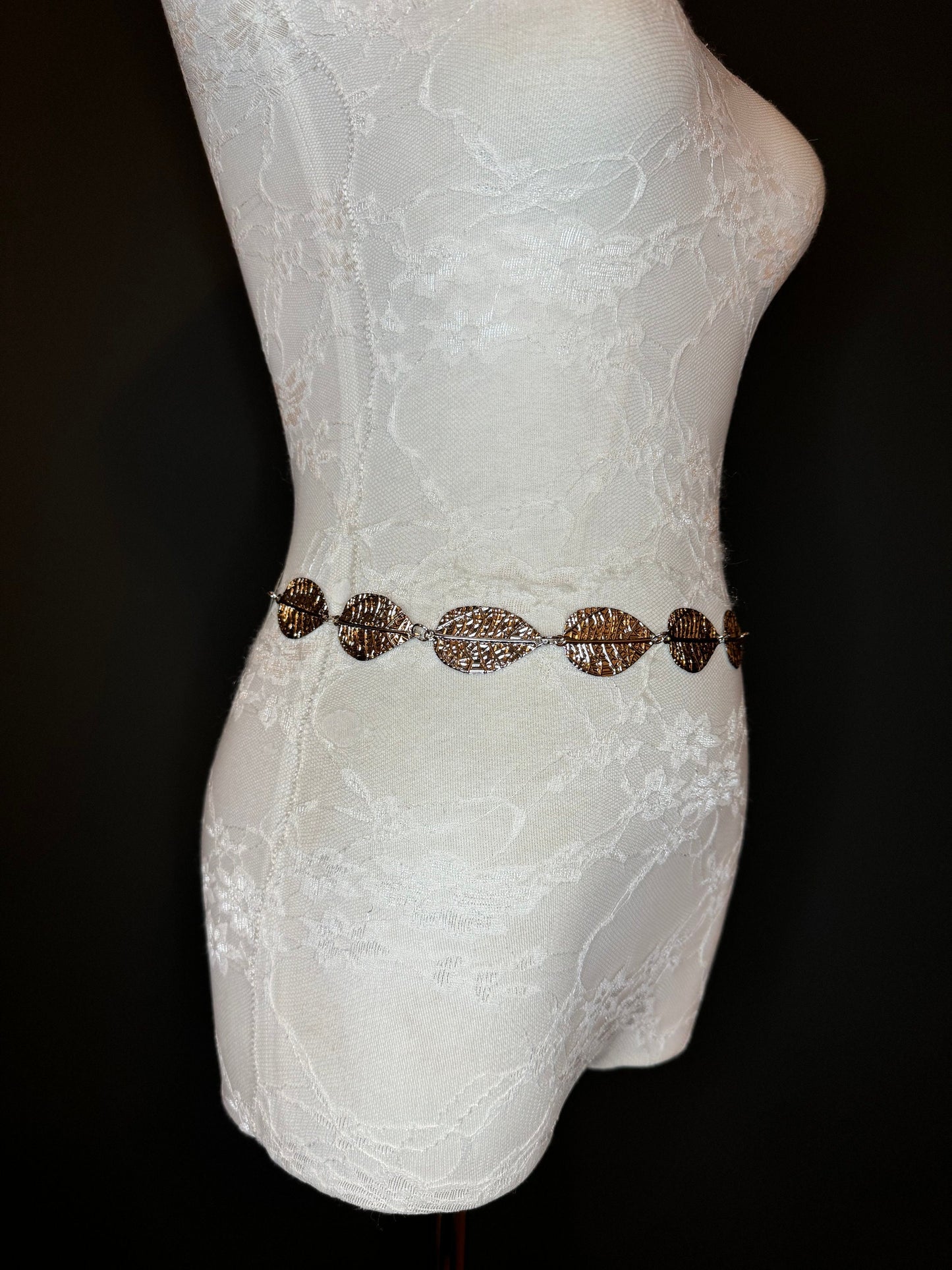 X-Long Leaf Chain Belt, Metal Leaf Design, Swimwear, Dresses, FAN Design, Belt, Dress Belt, Gift, Silver, Gold, Bridal
