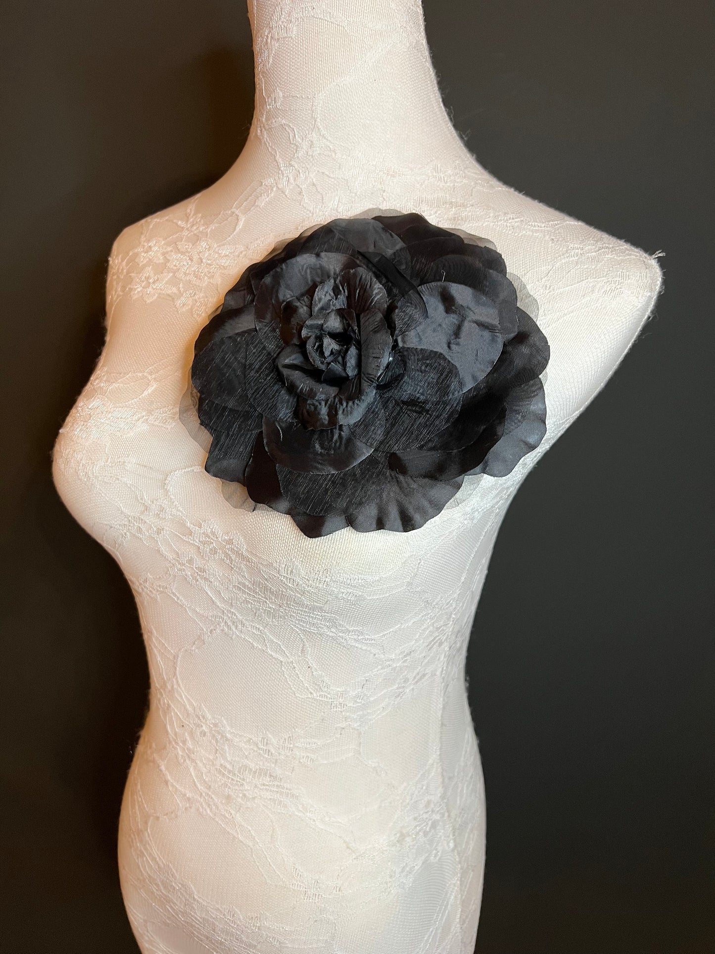 Large Black Corsage Flower Pin, 7”