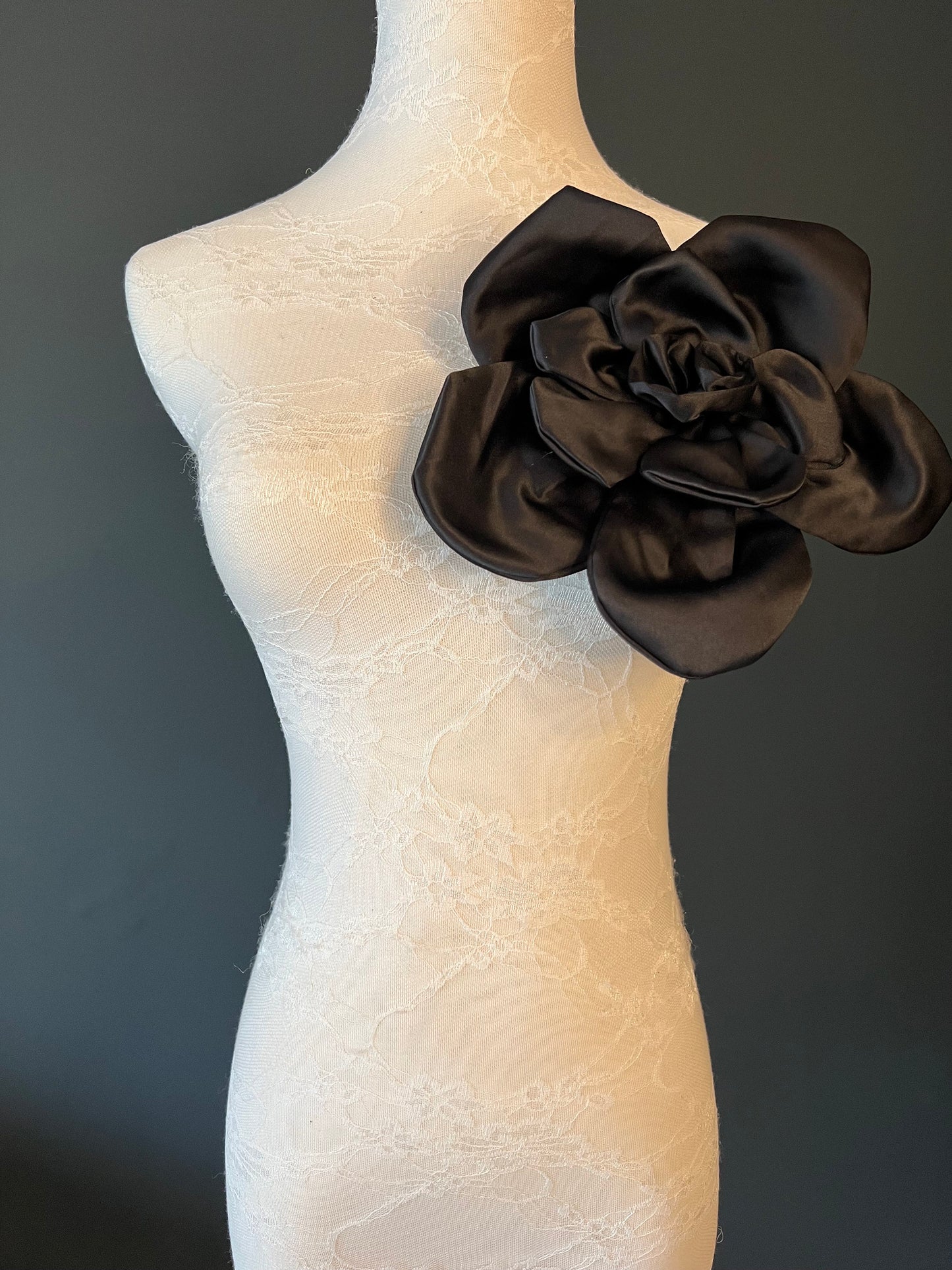 Large 3D Corsage Flower, Black, 9” Wide, 27cm, Pin on Corsage, Bridal, Clothing, Dress, Hat, Accessory, FAN Design