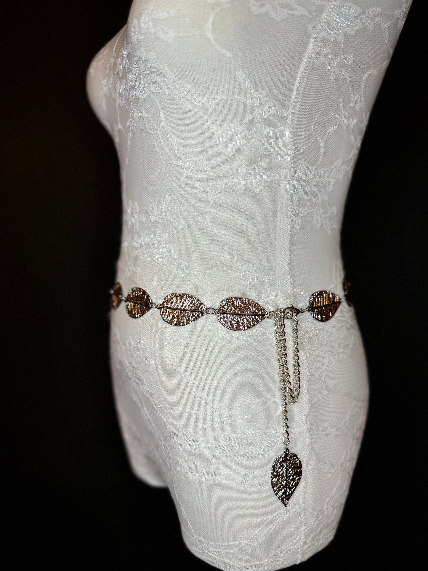 X-Long Leaf Chain Belt, Metal Leaf Design, Swimwear, Dresses, FAN Design, Belt, Dress Belt, Gift, Silver, Gold, Bridal
