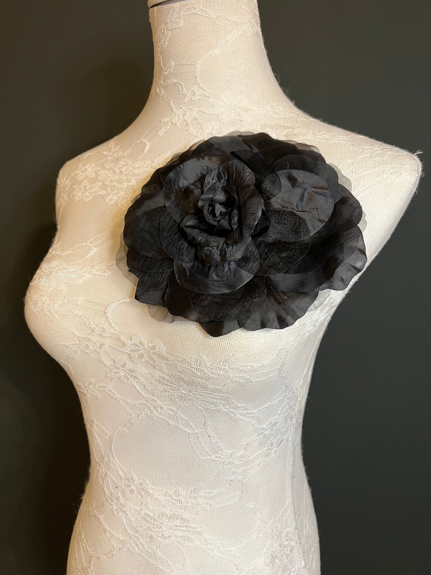 Large Black Corsage Flower Pin, 7”
