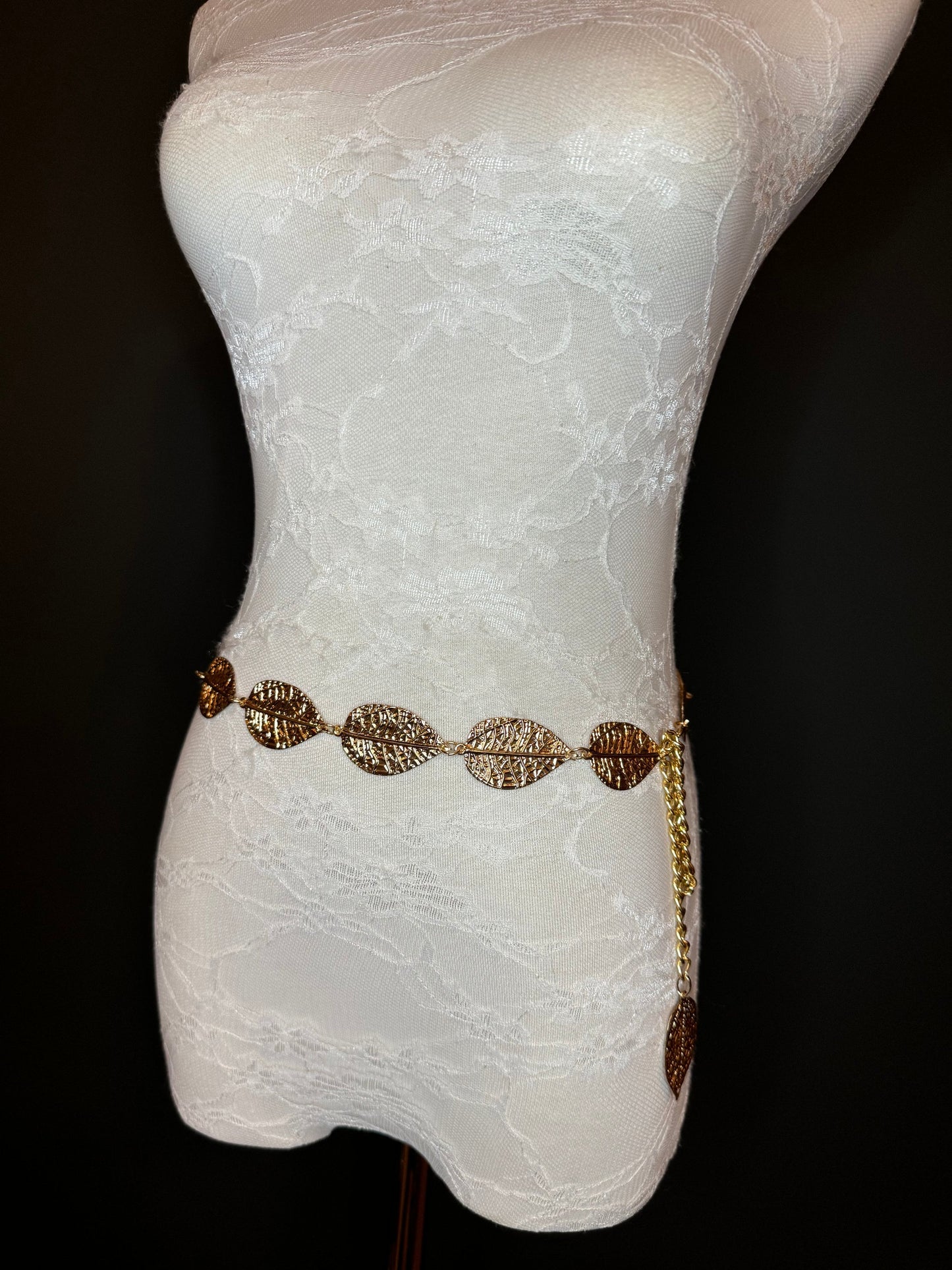 X-Long Leaf Chain Belt, Metal Leaf Design, Swimwear, Dresses, FAN Design, Belt, Dress Belt, Gift, Silver, Gold, Bridal