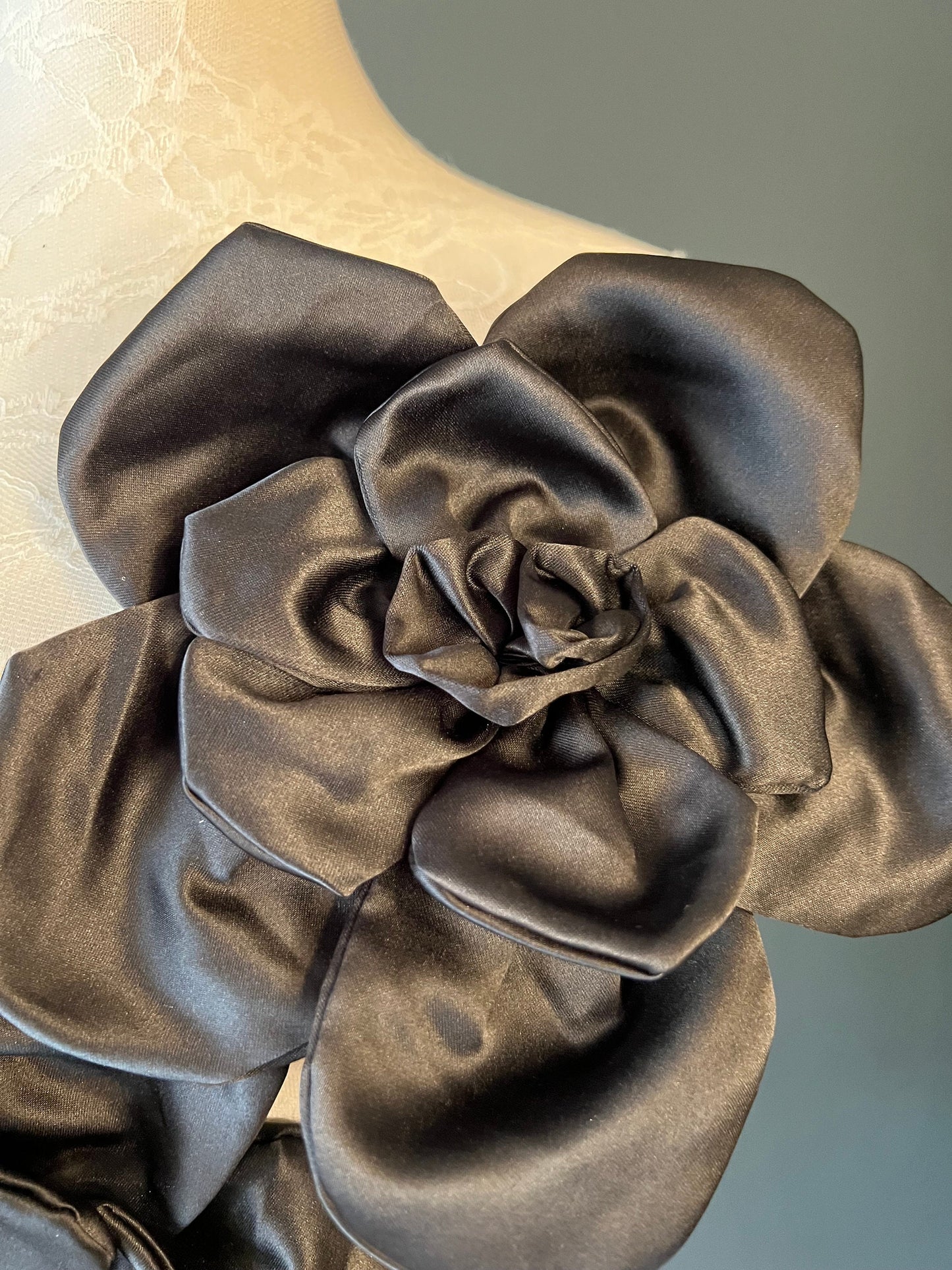 Large 3D Corsage Flower, Black, 9” Wide, 27cm, Pin on Corsage, Bridal, Clothing, Dress, Hat, Accessory, FAN Design