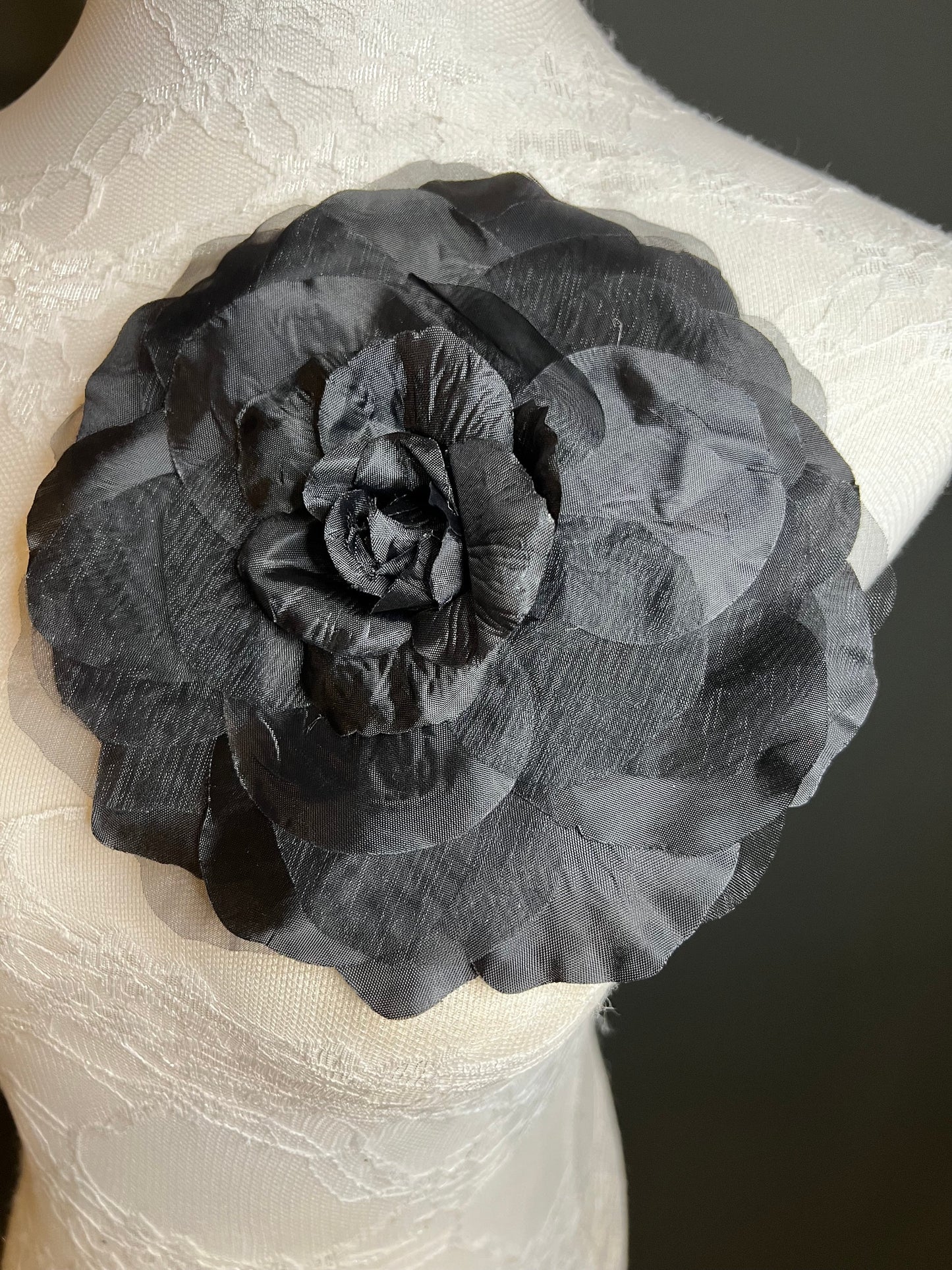 Large Black Corsage Flower Pin, 7”