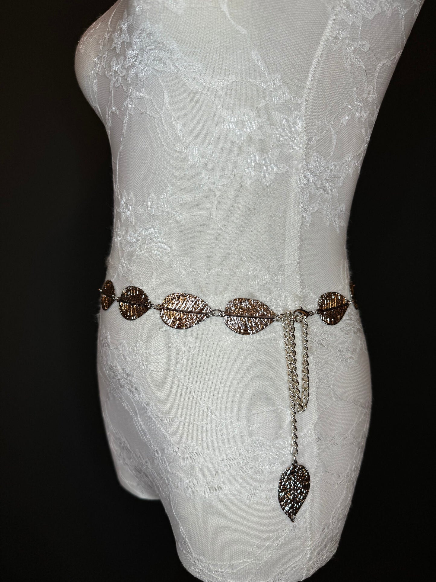 X-Long Leaf Chain Belt, Metal Leaf Design, Swimwear, Dresses, FAN Design, Belt, Dress Belt, Gift, Silver, Gold, Bridal