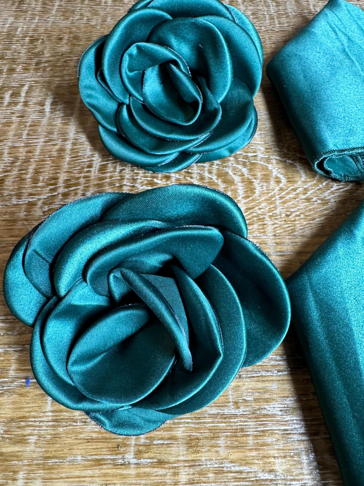 3D Corsage Flower, Pocket Square, His, Hers, 2 piece set, Corsage, Bridal, Clothing, Dress, Hat, FAN Design, FAN Collection, Bottle Green
