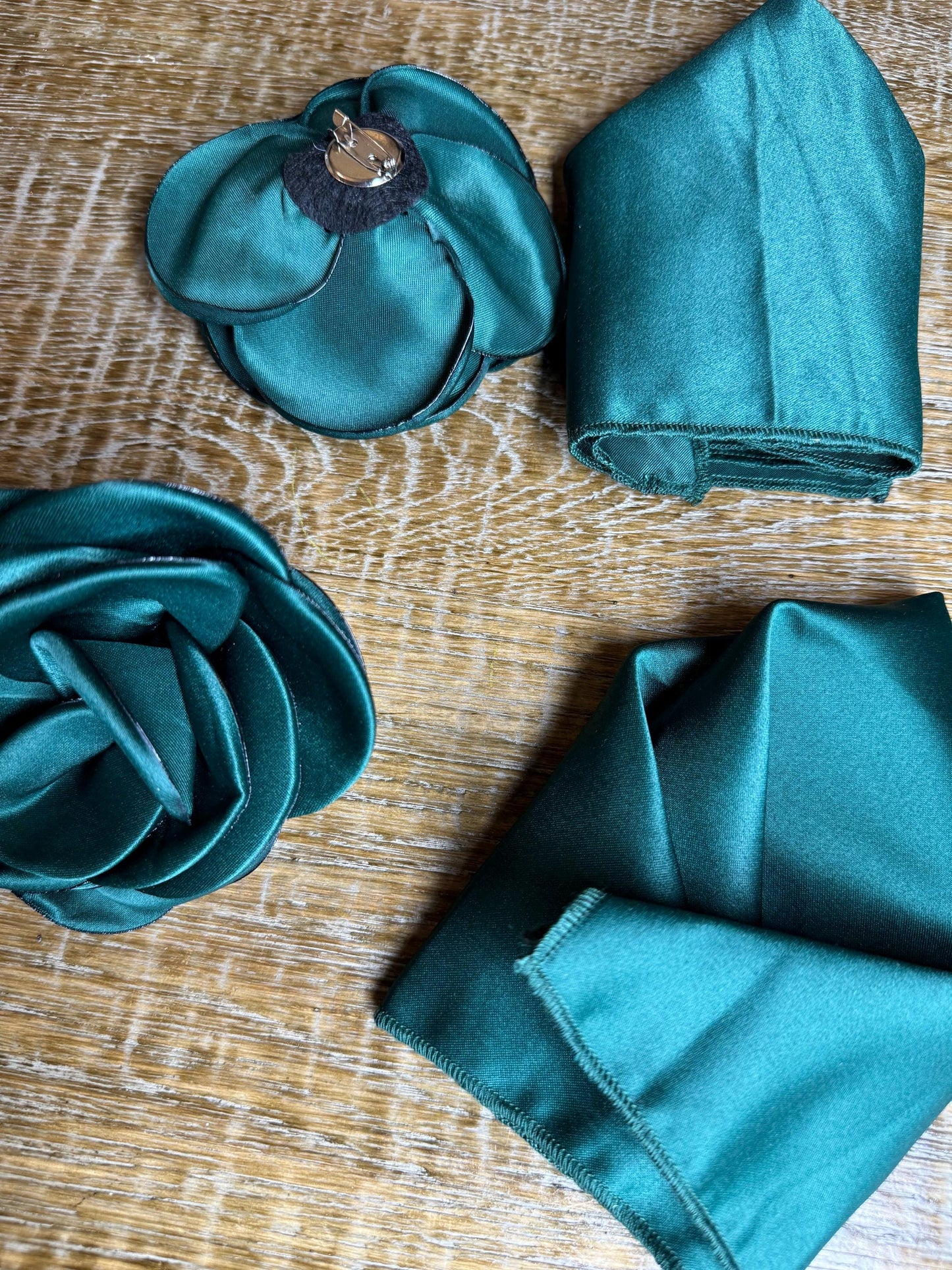 3D Corsage Flower, Pocket Square, His, Hers, 2 piece set, Corsage, Bridal, Clothing, Dress, Hat, FAN Design, FAN Collection, Bottle Green