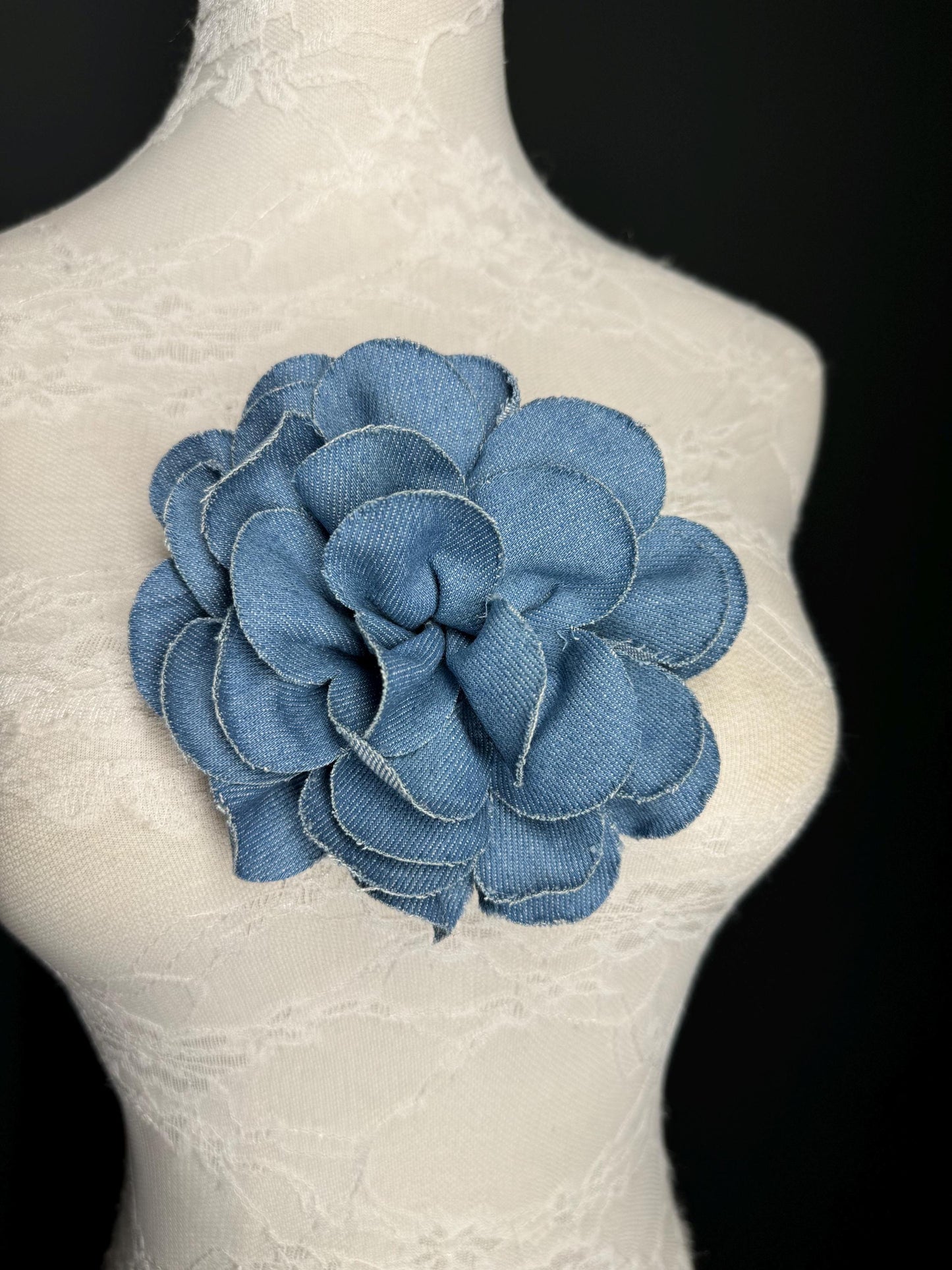 Large Corsage Flower, Layered Denim Fabric, 6” Wide, 15cm 3D Large Pin on Corsage, Clothing, Fashion, Hat, Accessory, Bags, Gift, FAN Design