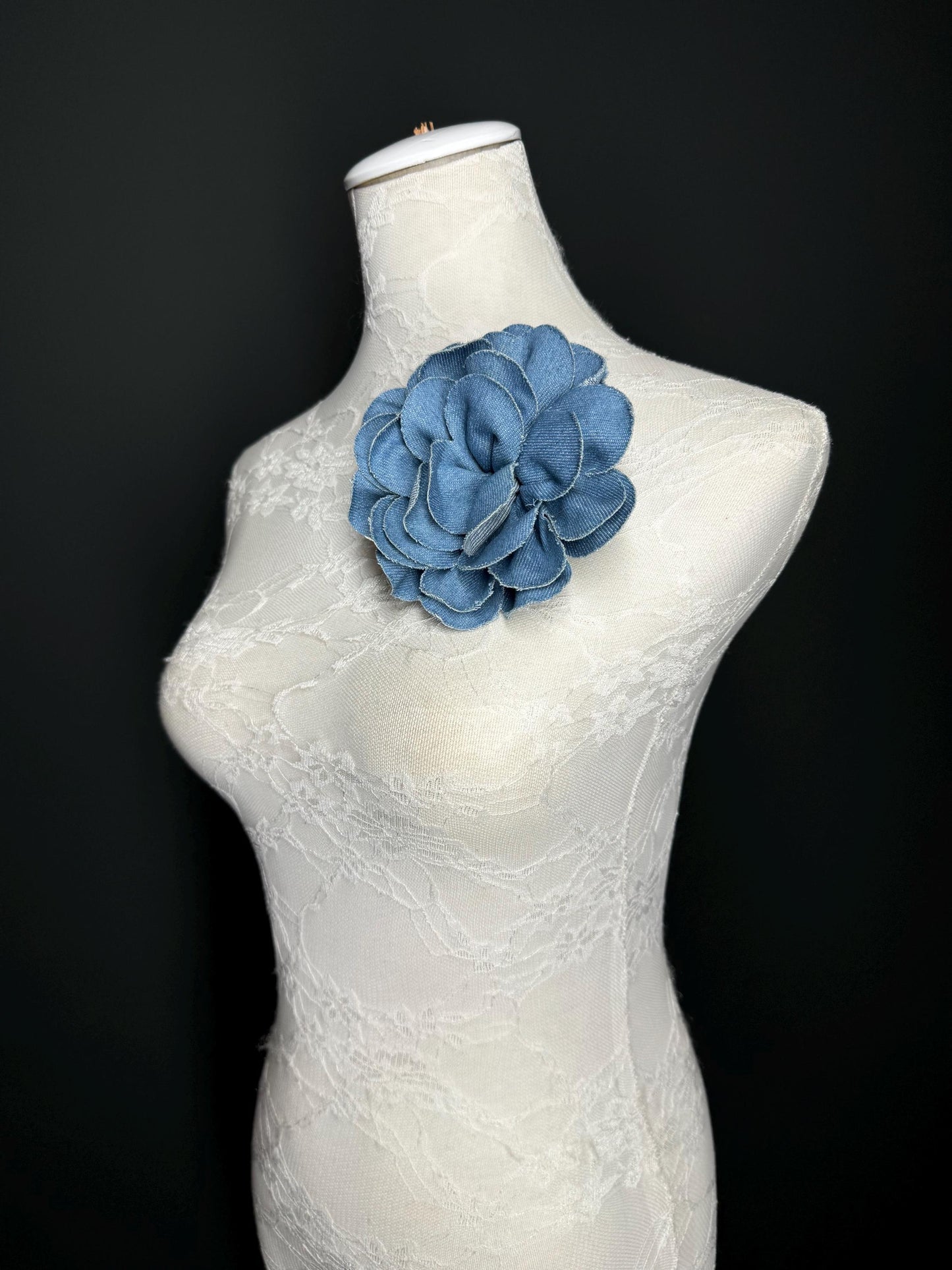 Large Corsage Flower, Layered Denim Fabric, 6” Wide, 15cm 3D Large Pin on Corsage, Clothing, Fashion, Hat, Accessory, Bags, Gift, FAN Design