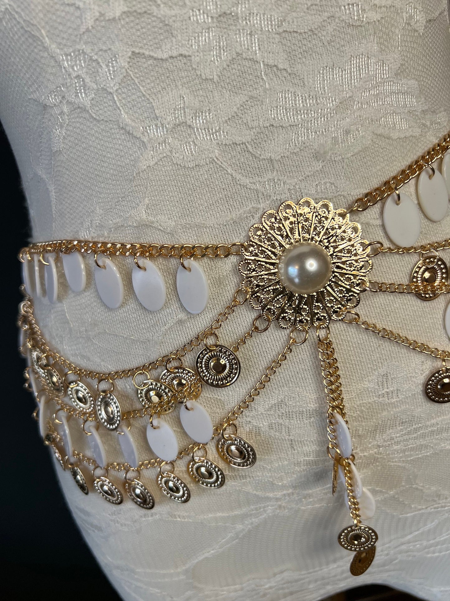 Belly Chain, Gold White with Pearl 18-40 inch, Handmade, Elegant Belt, Festival, Events