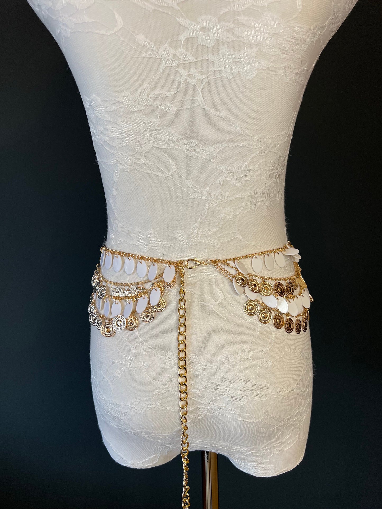 Belly Chain, Gold White with Pearl 18-40 inch, Handmade, Elegant Belt, Festival, Events
