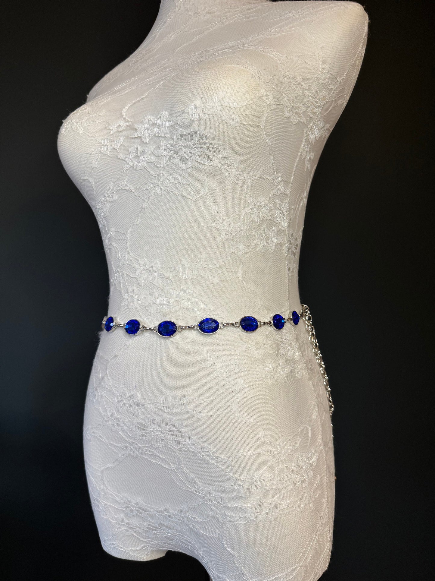 X-Long Belt, Royal Blue Rhinestone Belt, Silver Chain Belt, Vintage Style Belt, Diamante Belt, Fashion Belt, Elegant, Swimwear Belt