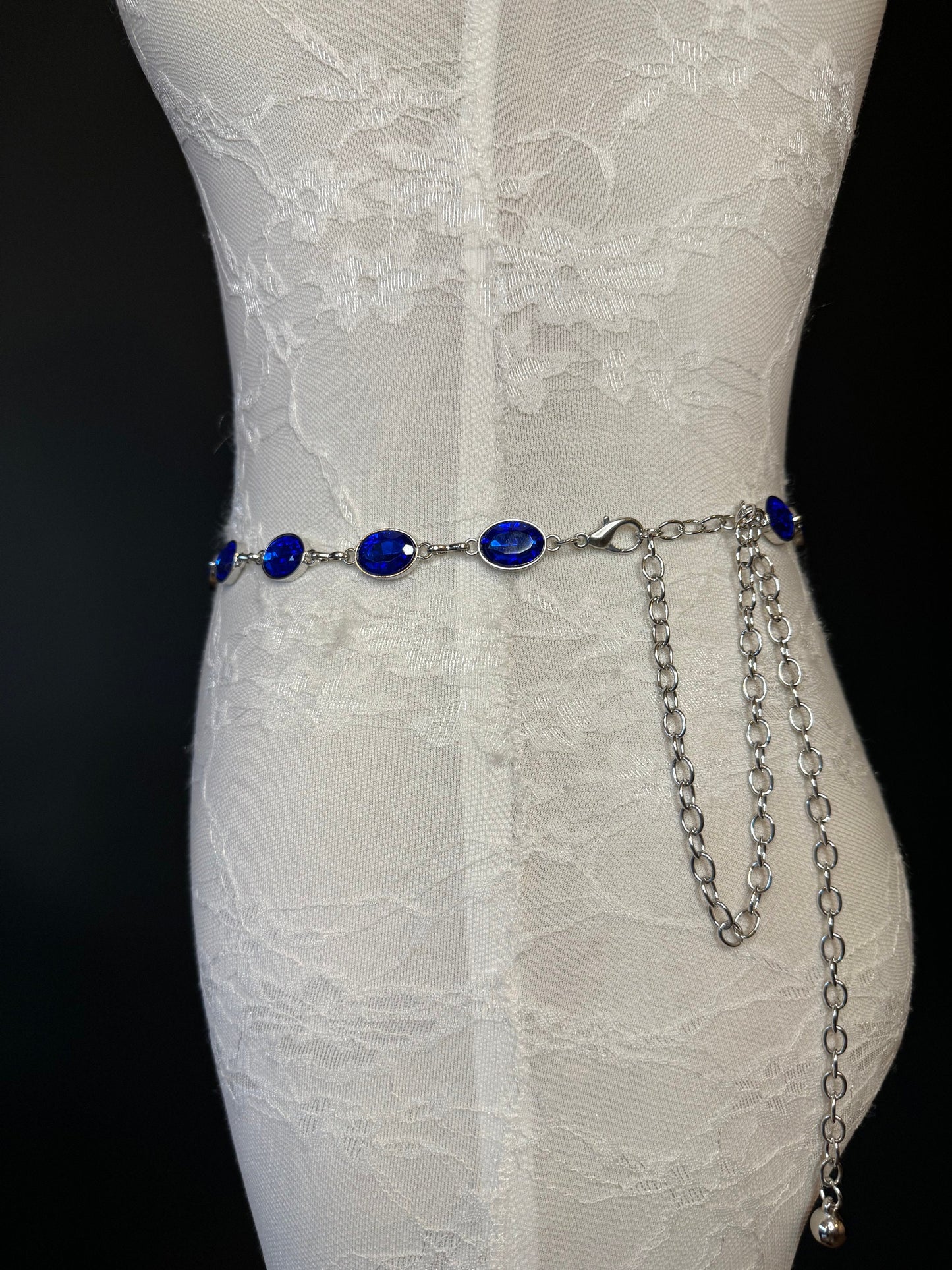 X-Long Belt, Royal Blue Rhinestone Belt, Silver Chain Belt, Vintage Style Belt, Diamante Belt, Fashion Belt, Elegant, Swimwear Belt