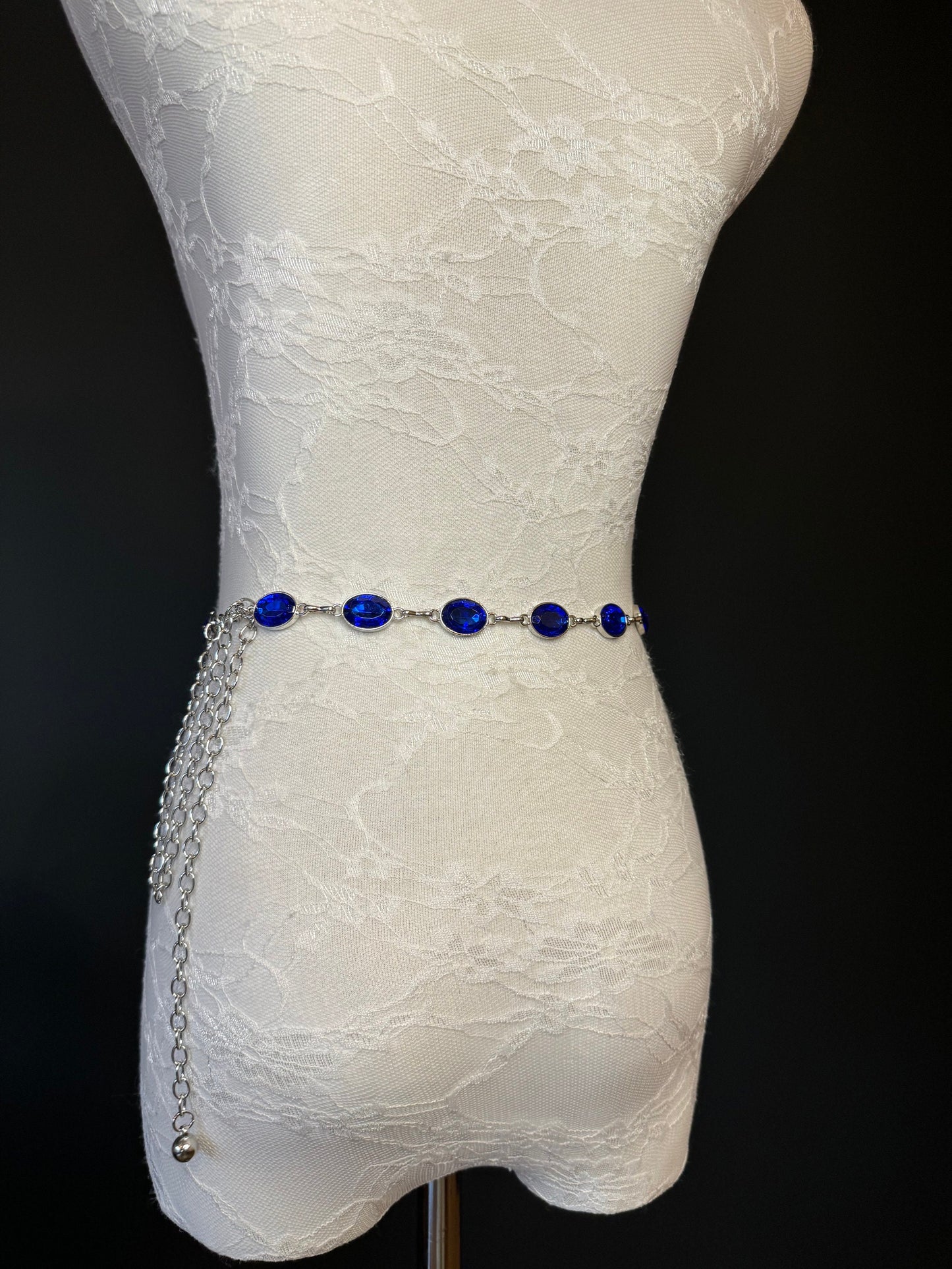 X-Long Belt, Royal Blue Rhinestone Belt, Silver Chain Belt, Vintage Style Belt, Diamante Belt, Fashion Belt, Elegant, Swimwear Belt