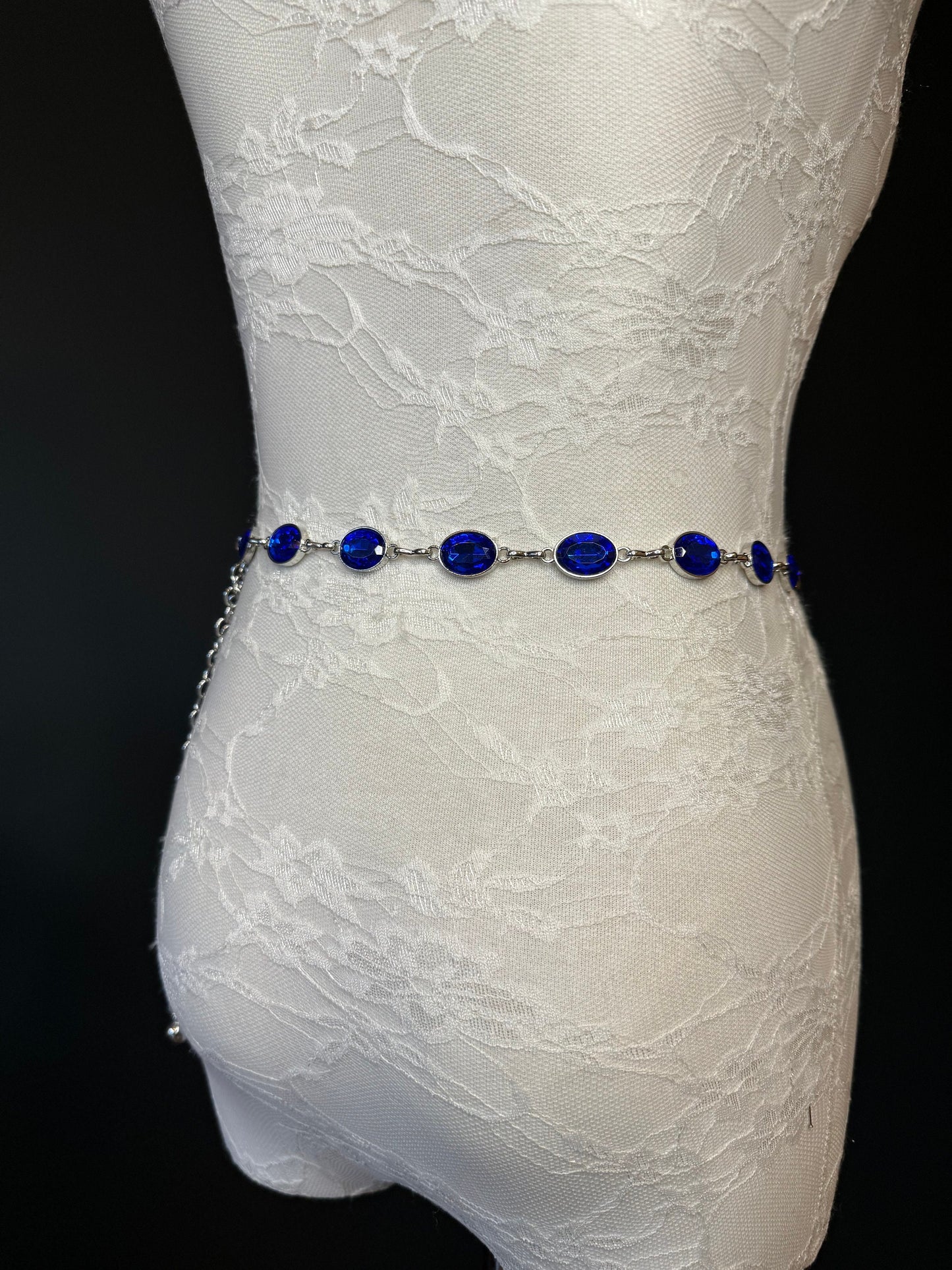 X-Long Belt, Royal Blue Rhinestone Belt, Silver Chain Belt, Vintage Style Belt, Diamante Belt, Fashion Belt, Elegant, Swimwear Belt