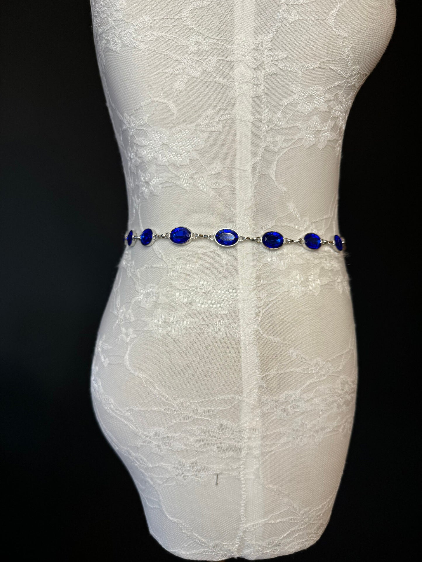 X-Long Belt, Royal Blue Rhinestone Belt, Silver Chain Belt, Vintage Style Belt, Diamante Belt, Fashion Belt, Elegant, Swimwear Belt