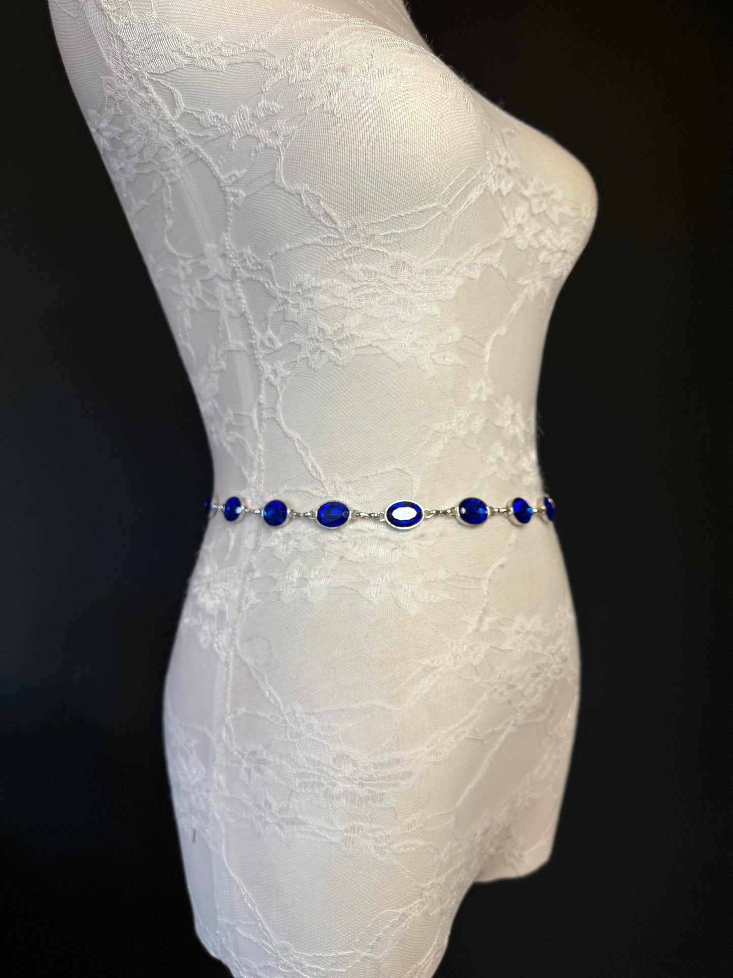 X-Long Belt, Royal Blue Rhinestone Belt, Silver Chain Belt, Vintage Style Belt, Diamante Belt, Fashion Belt, Elegant, Swimwear Belt