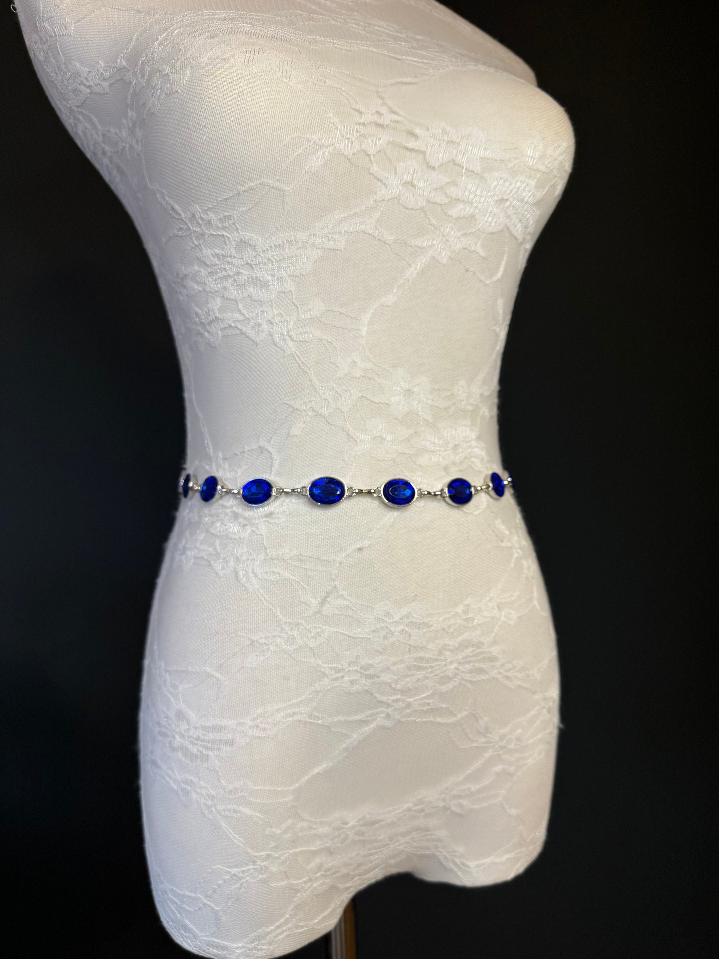 X-Long Belt, Royal Blue Rhinestone Belt, Silver Chain Belt, Vintage Style Belt, Diamante Belt, Fashion Belt, Elegant, Swimwear Belt