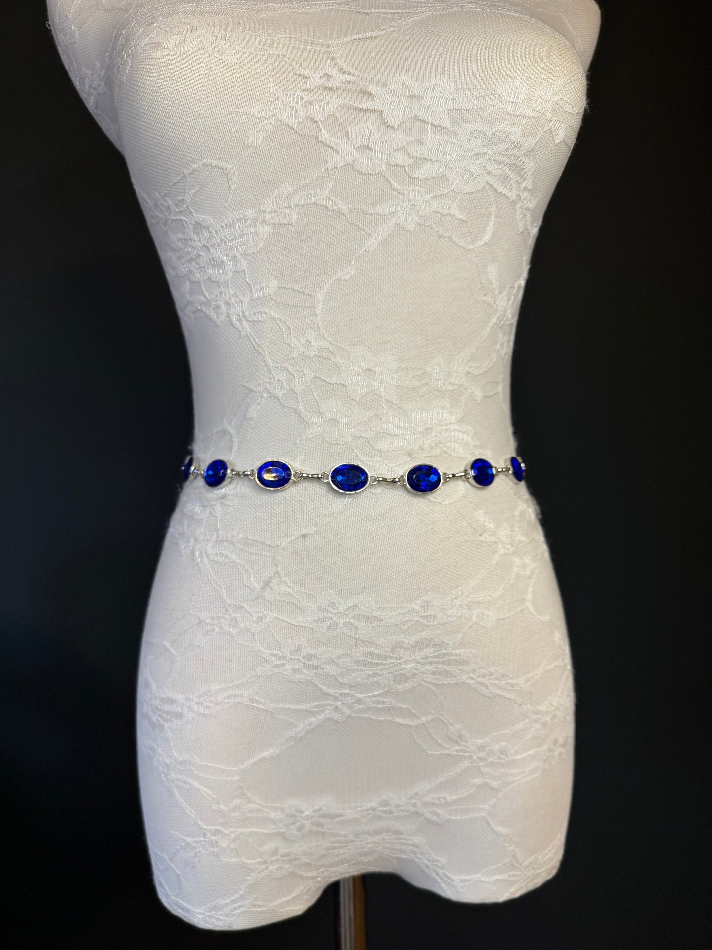 X-Long Belt, Royal Blue Rhinestone Belt, Silver Chain Belt, Vintage Style Belt, Diamante Belt, Fashion Belt, Elegant, Swimwear Belt