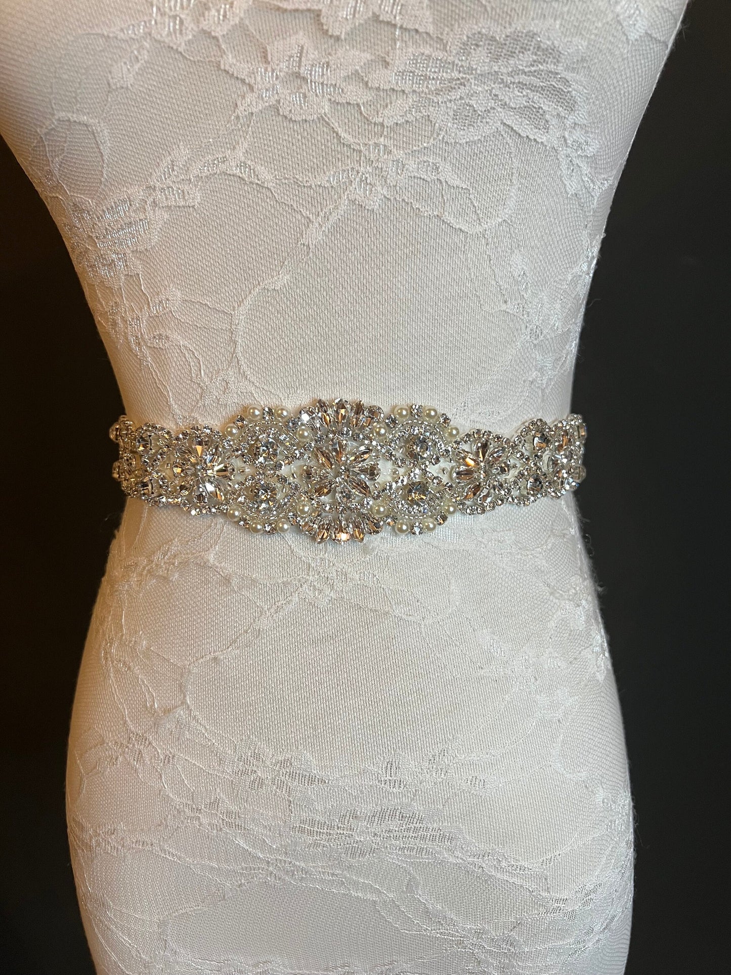 Crystal Rhinestone Wedding Belt, Ivory Ribbon Sash, Bridal Dress Accessory