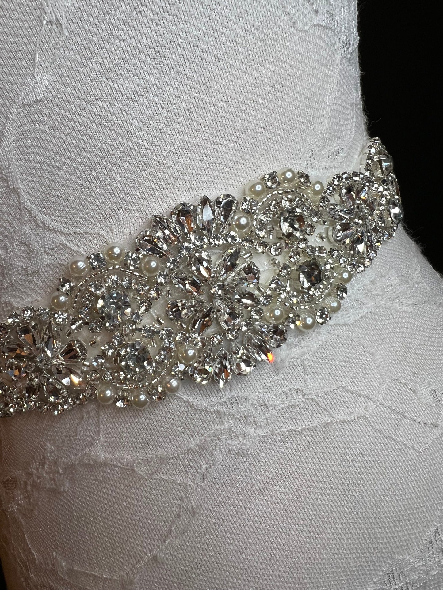 Crystal Rhinestone Wedding Belt, Ivory Ribbon Sash, Bridal Dress Accessory
