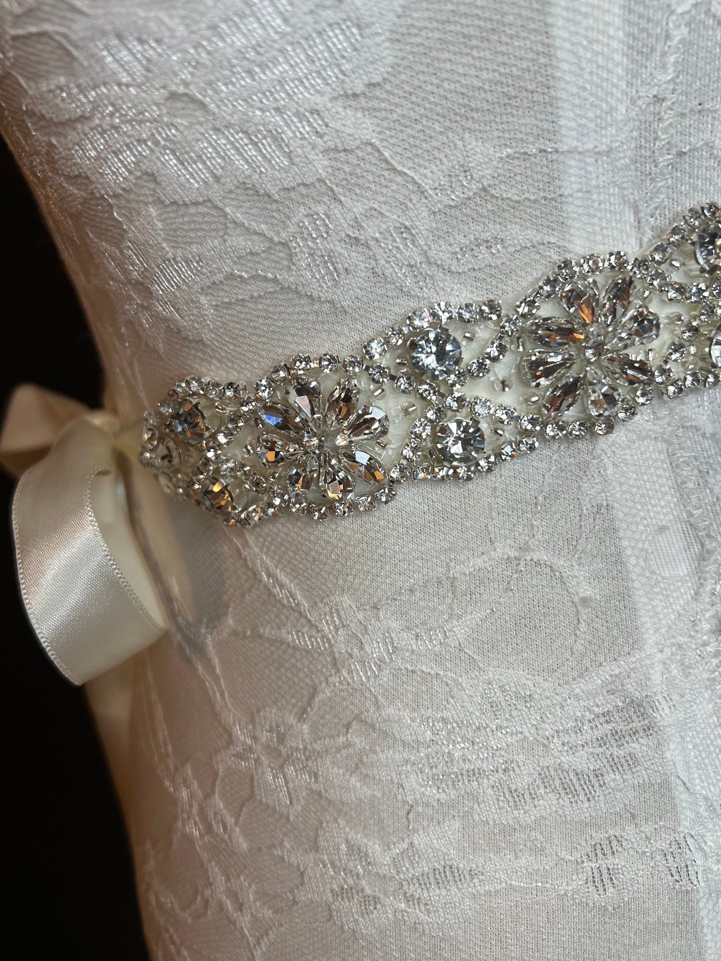 Crystal Rhinestone Wedding Belt, Ivory Ribbon Sash, Bridal Dress Accessory