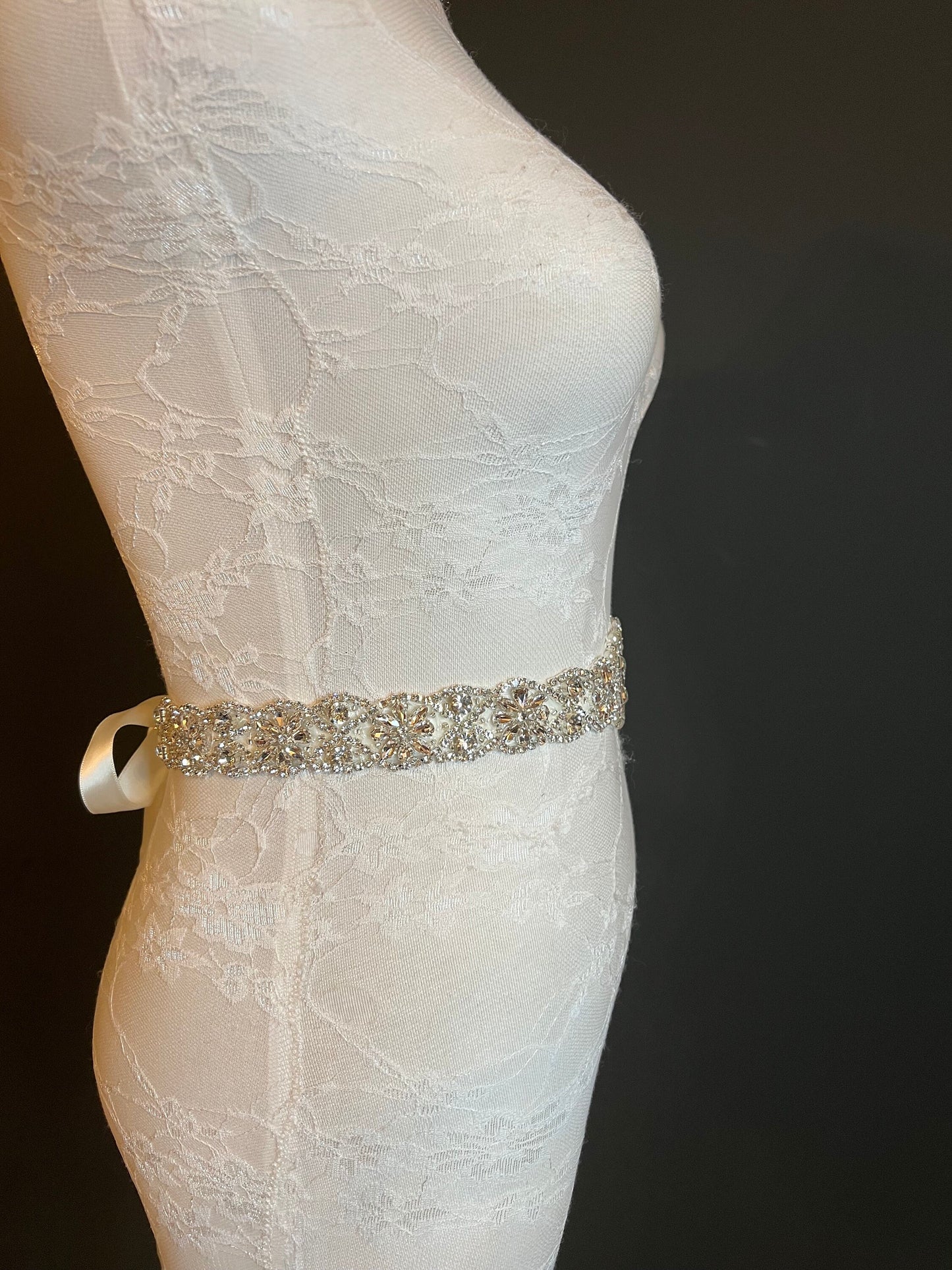 Crystal Rhinestone Wedding Belt, Ivory Ribbon Sash, Bridal Dress Accessory