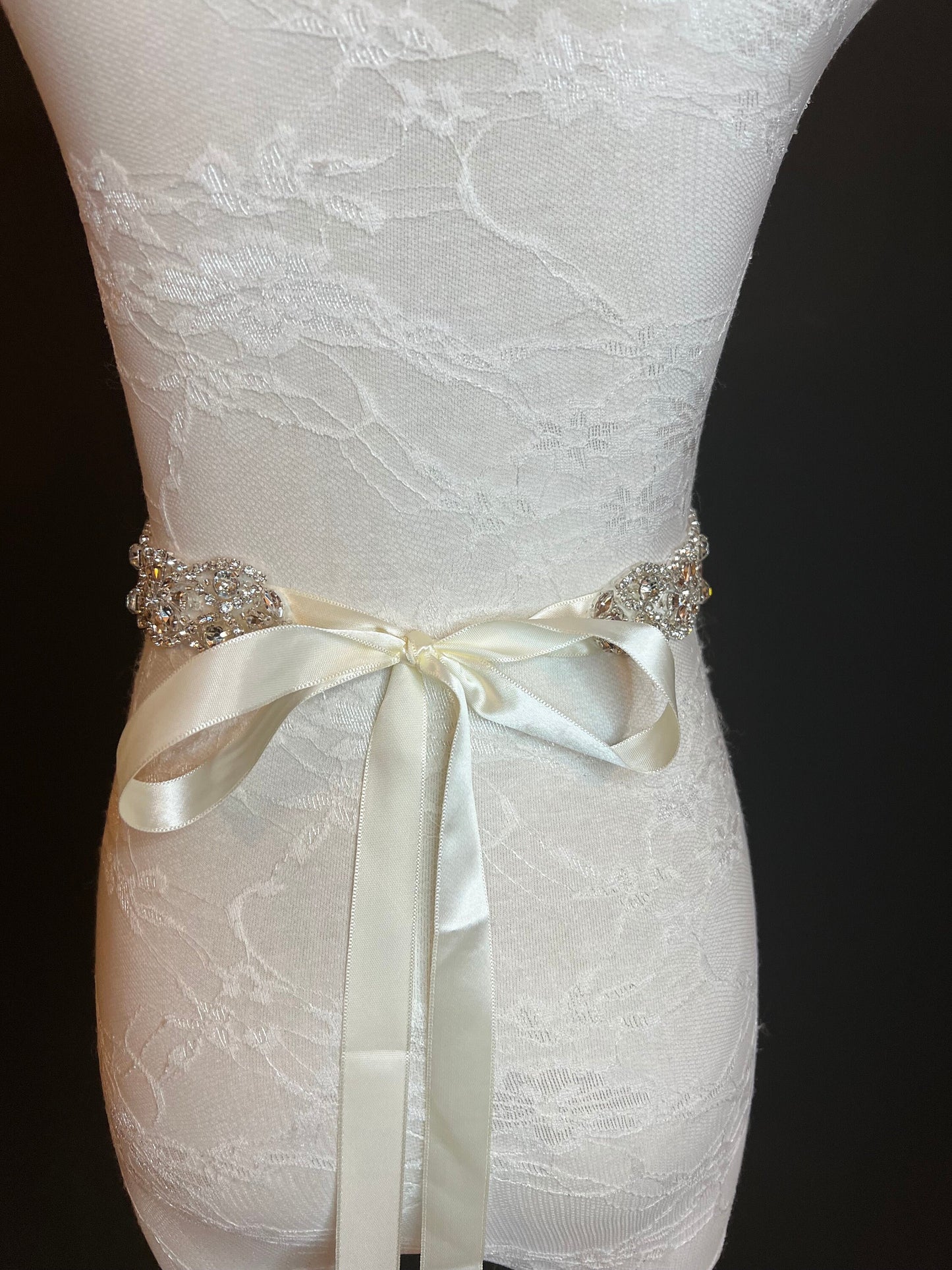 Crystal Rhinestone Wedding Belt, Ivory Ribbon Sash, Bridal Dress Accessory