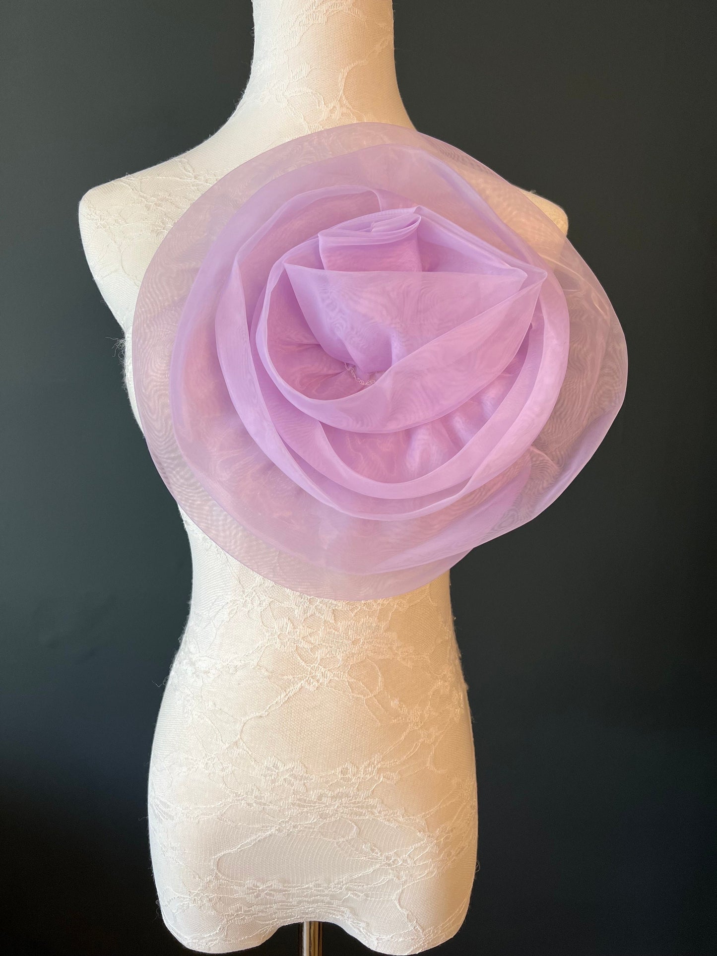 Handmade Large Lilac Organza Corsage Flower, Bridal Pin, 11”