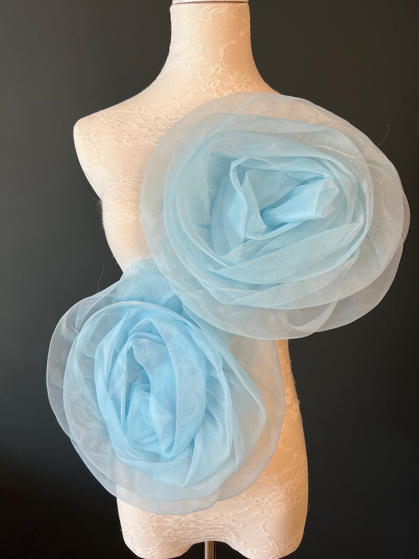 Large Handmade Baby Blue Organza Flower Corsage, Bridal Pin (11” Wide)