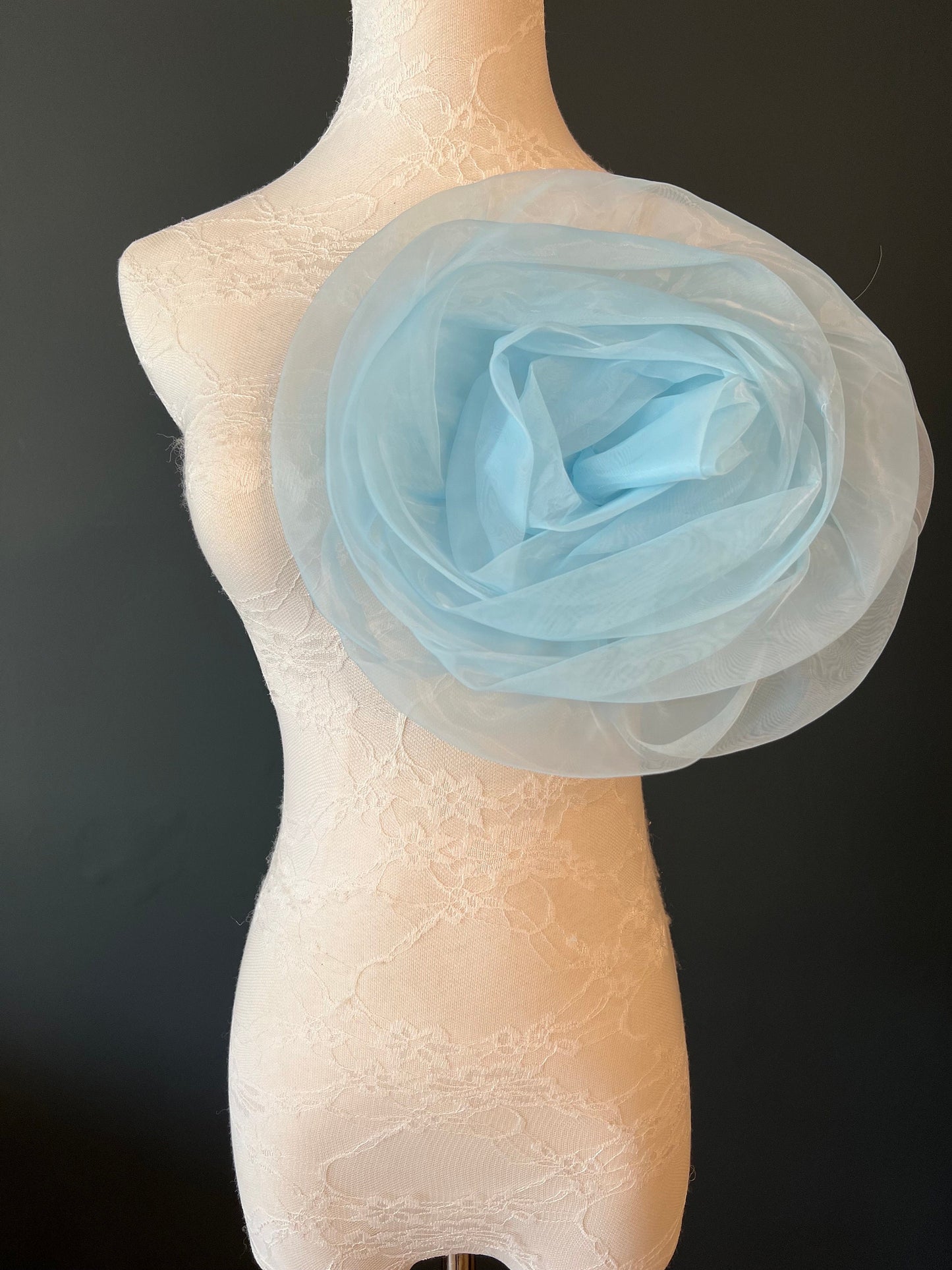 Large Handmade Baby Blue Organza Flower Corsage, Bridal Pin (11” Wide)
