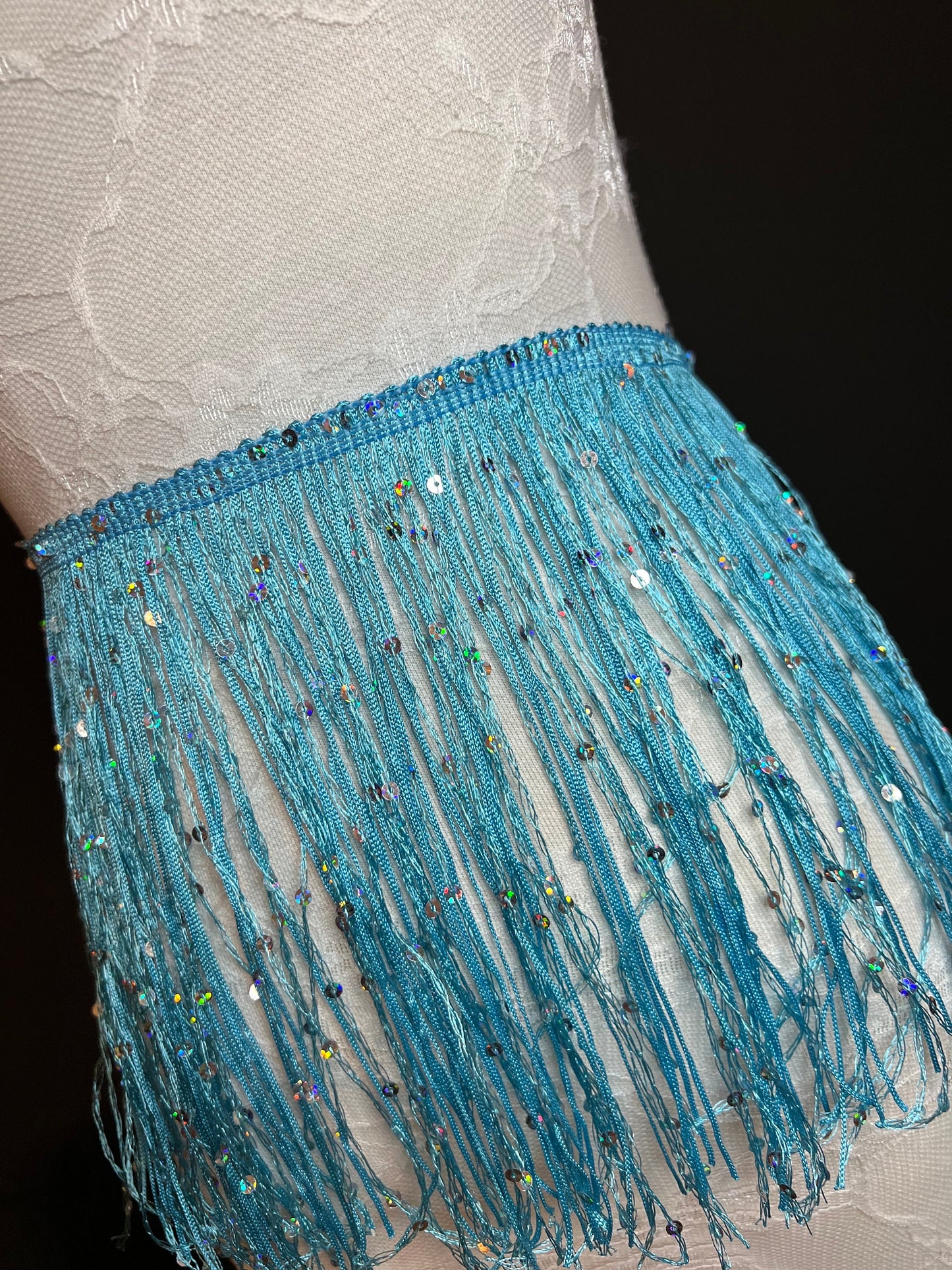 Fringe, Fringe With Sequins, Sequinned,  Sequin Fringe, Dance, Costumes, Fashion, Party, Dress Fringe, 20cm, 8 inch, 12 Colours, Light Blue