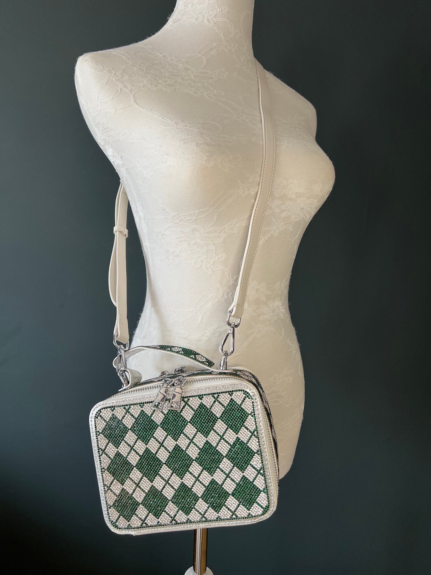 Green Silver Chequered Diamante Handbag, Long handle Double Sided, Elegant