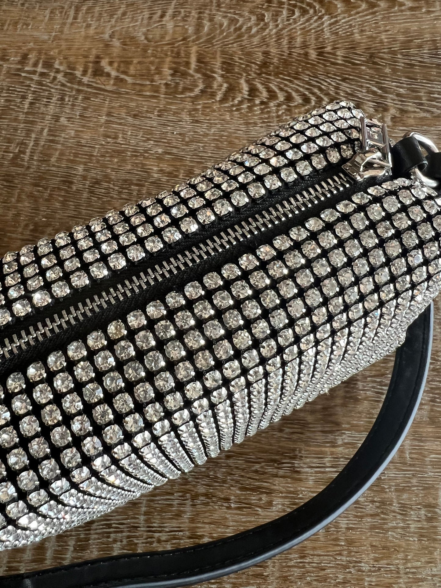 Rhinestone Black Satin Clutch Handbag, Detachable Silver Rope Chain