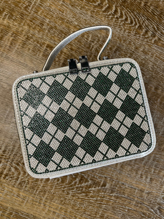 Green Silver Chequered Diamante Handbag, Long handle Double Sided, FAN EXCLUSIVE