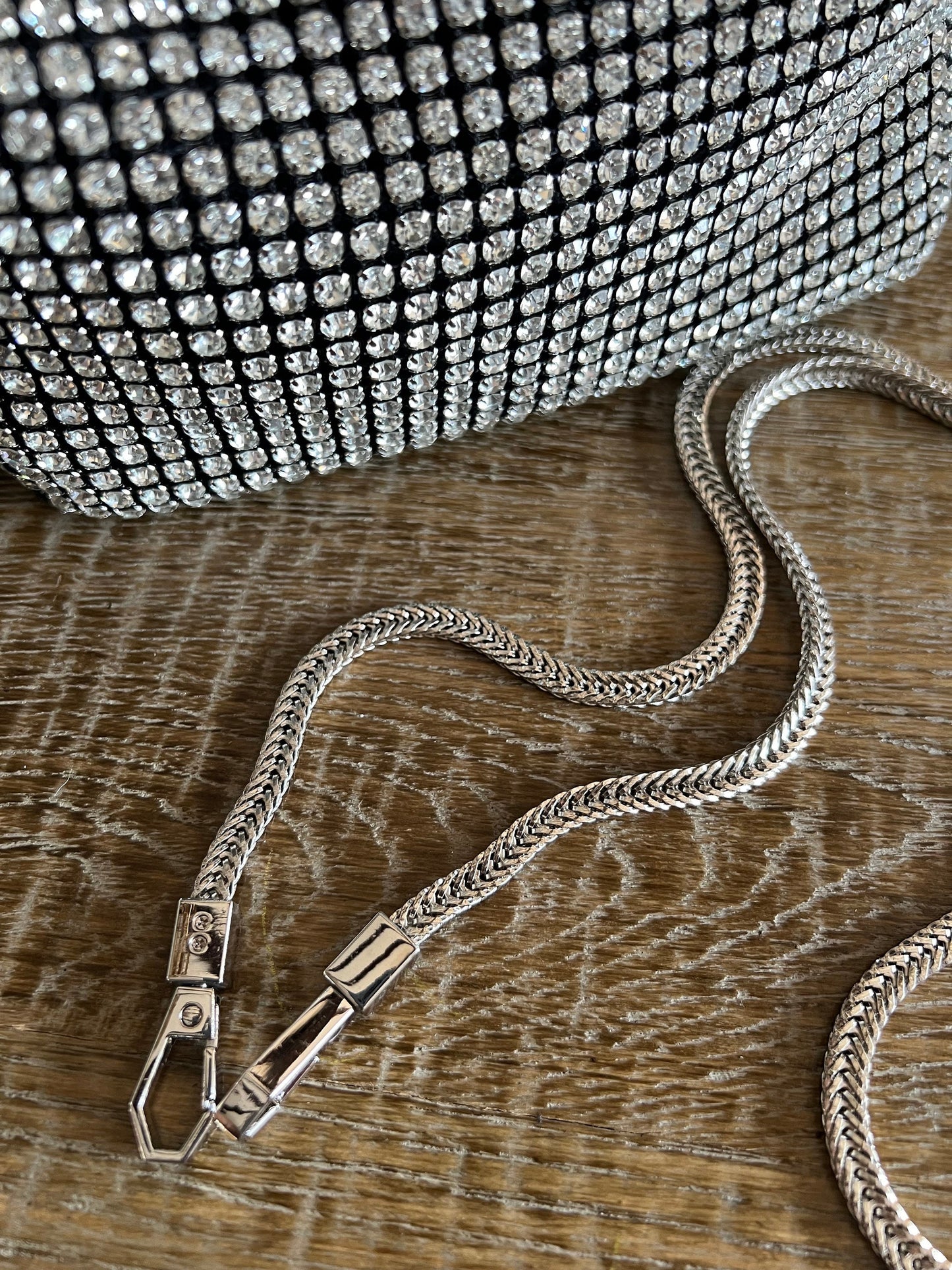 Rhinestone Black Satin Clutch Handbag, Detachable Silver Rope Chain