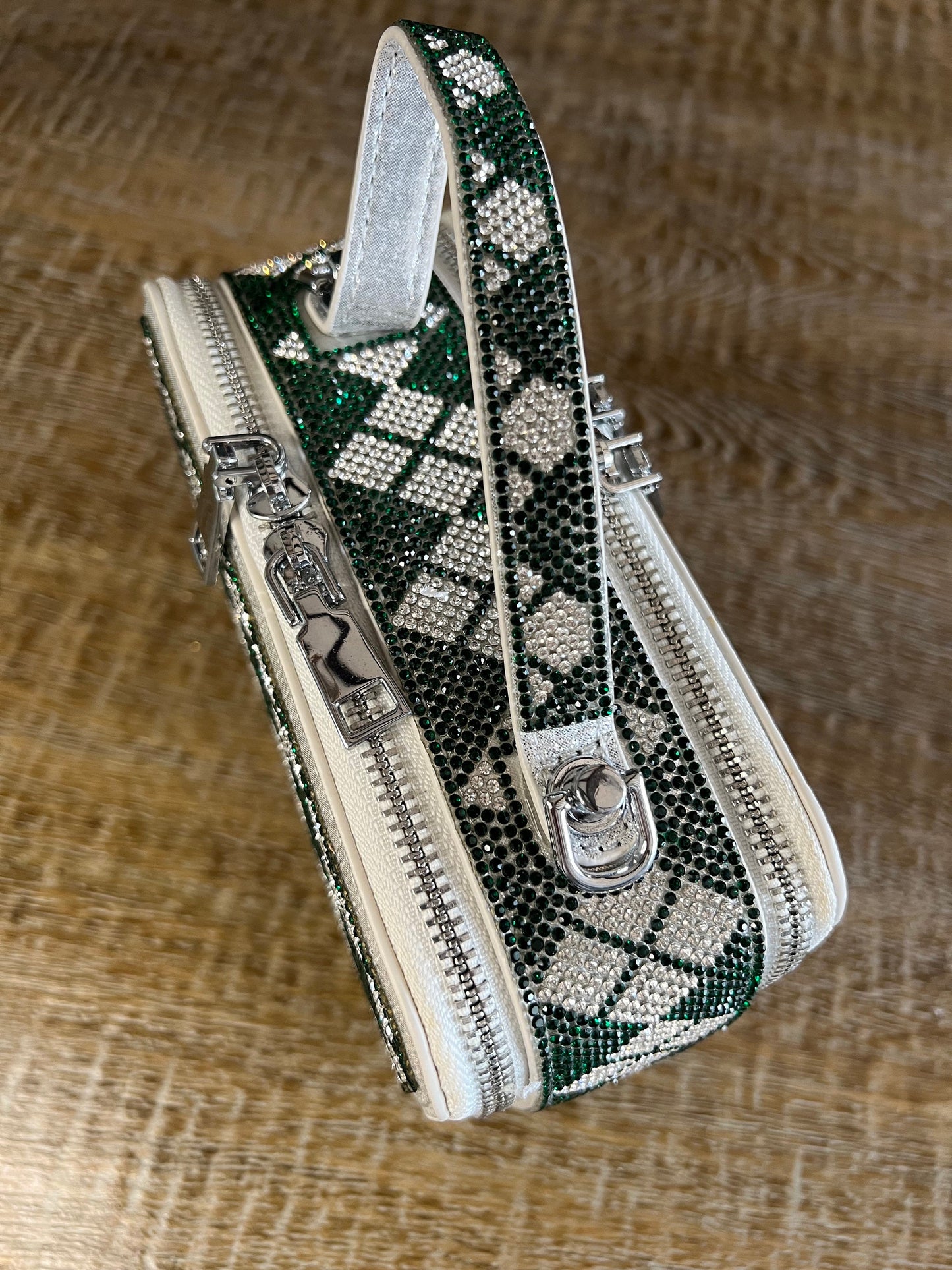 Green Silver Chequered Diamante Handbag, Long handle Double Sided, Elegant