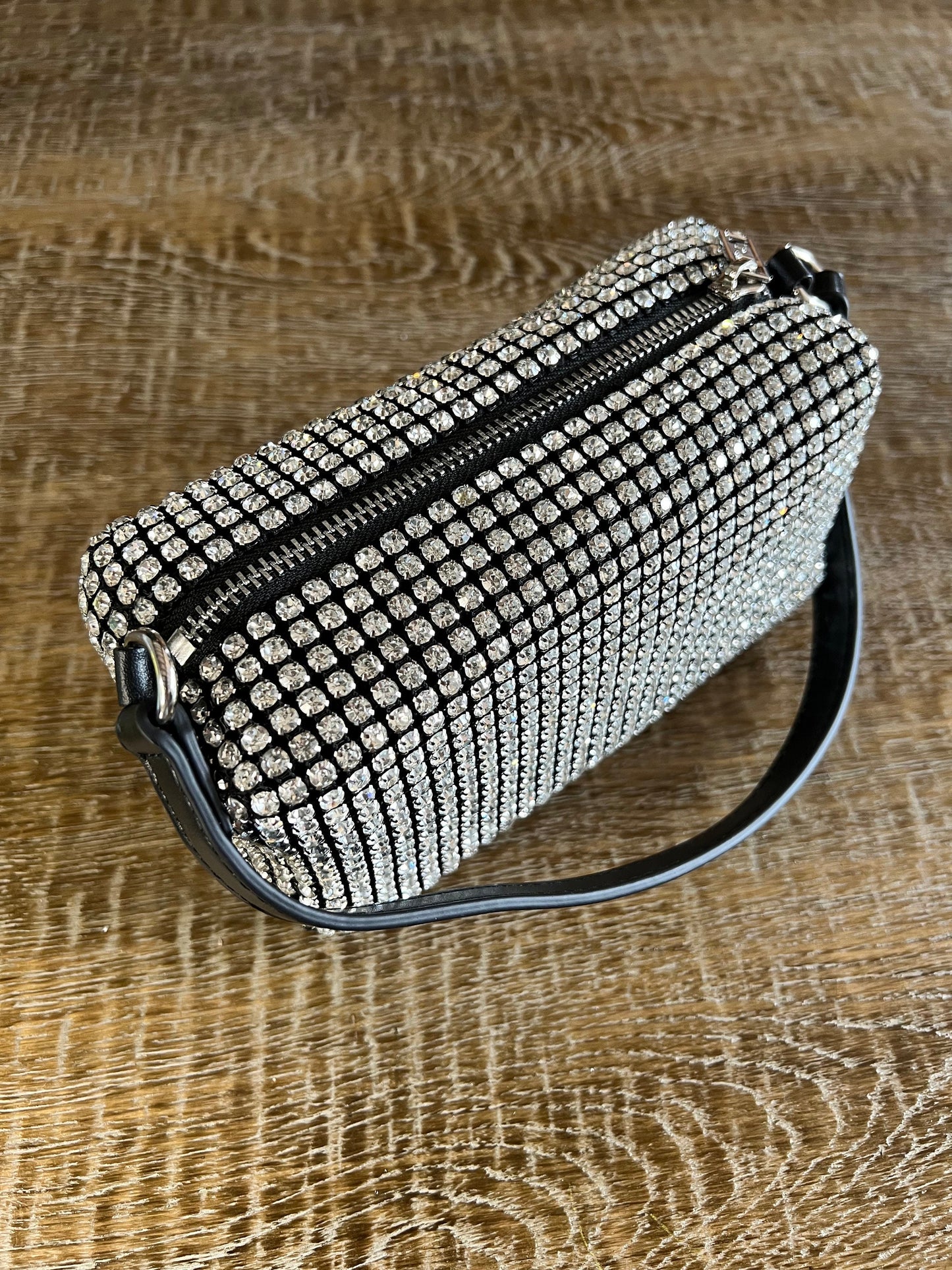 Rhinestone Black Satin Clutch Handbag, Detachable Silver Rope Chain