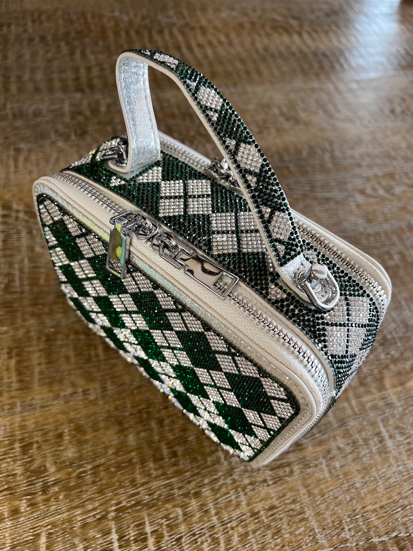 Green Silver Chequered Diamante Handbag, Long handle Double Sided, Elegant